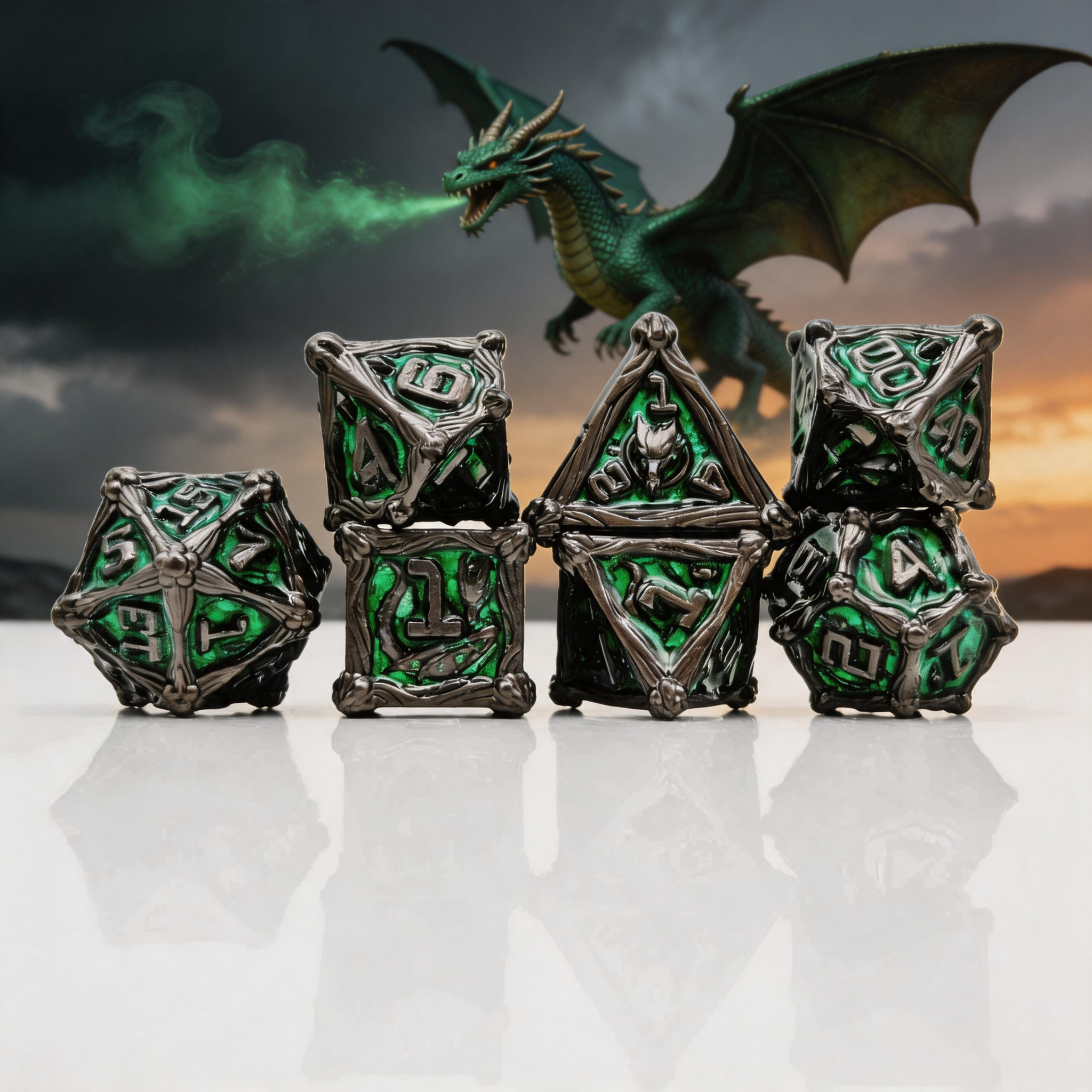 Dragon Crest Ancient Wyrm Metal Dnd D&d Dice Set - Pearl Gunmetal Green