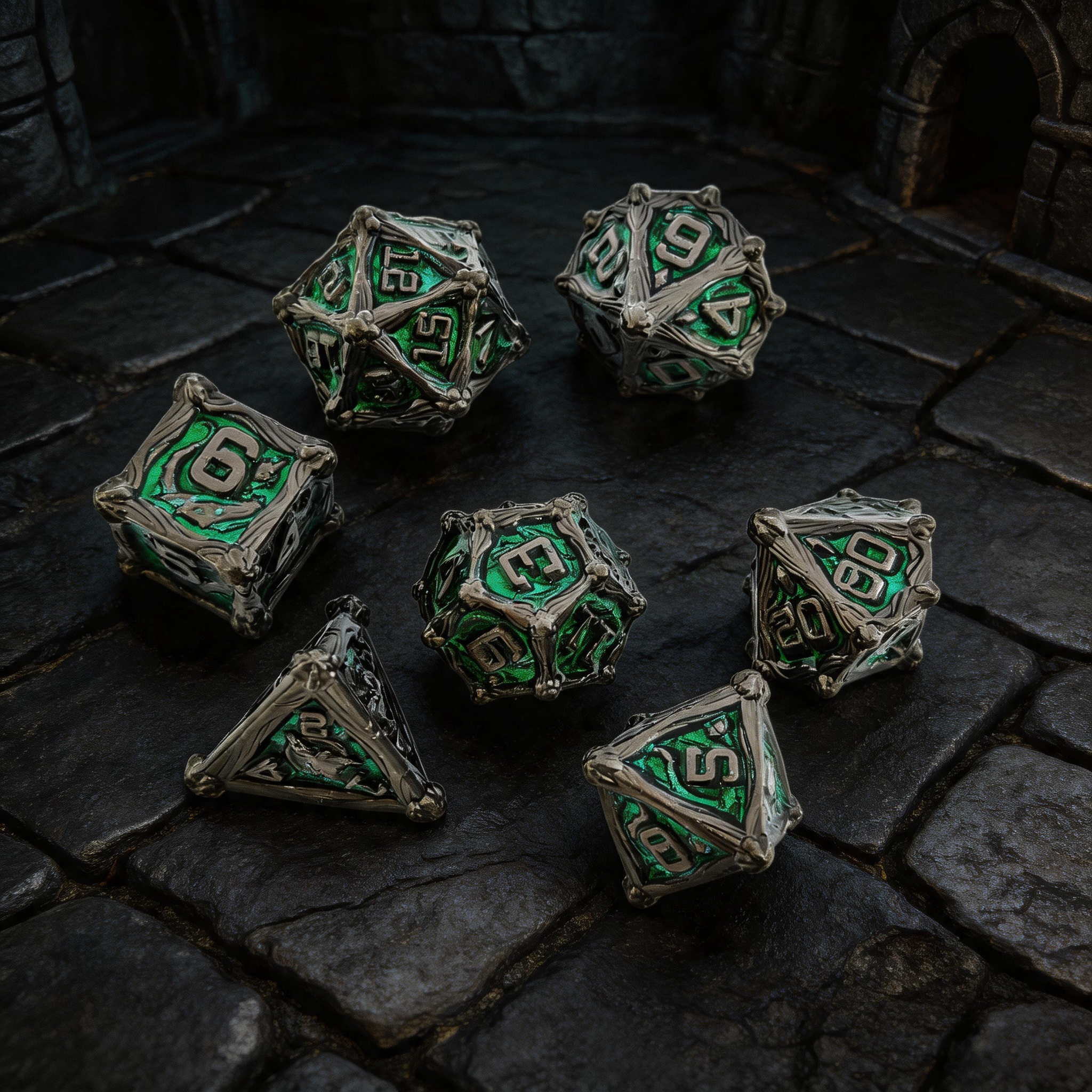 Dragon Crest Ancient Wyrm Metal Dnd D&d Dice Set - Pearl Gunmetal Green