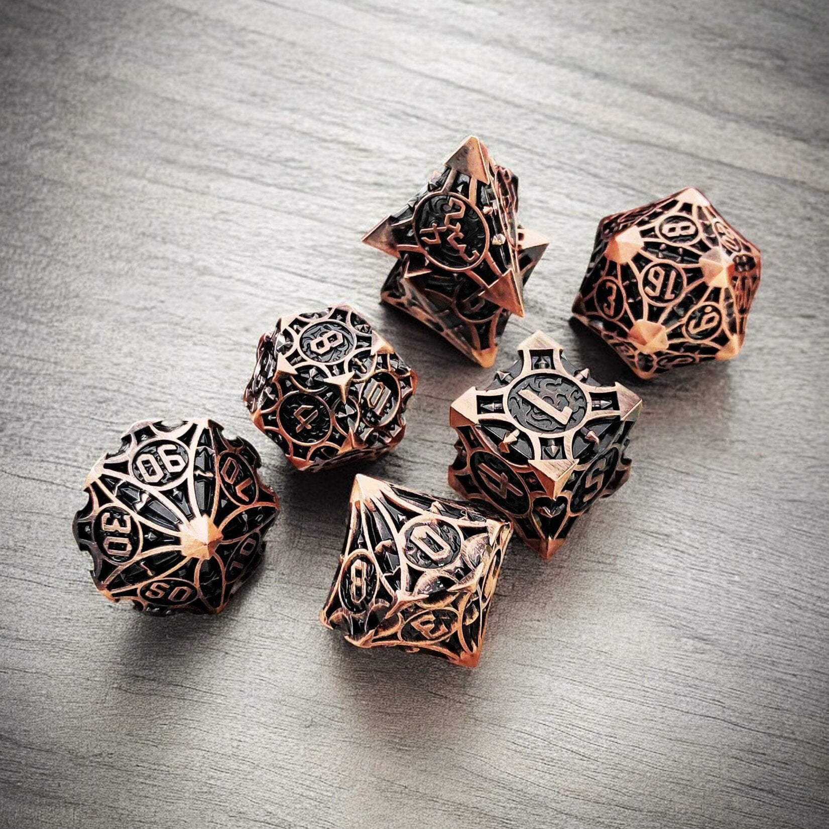 Obsidian Rose Black Copper Metal Dnd D&d Dice Set - Masters Dice
