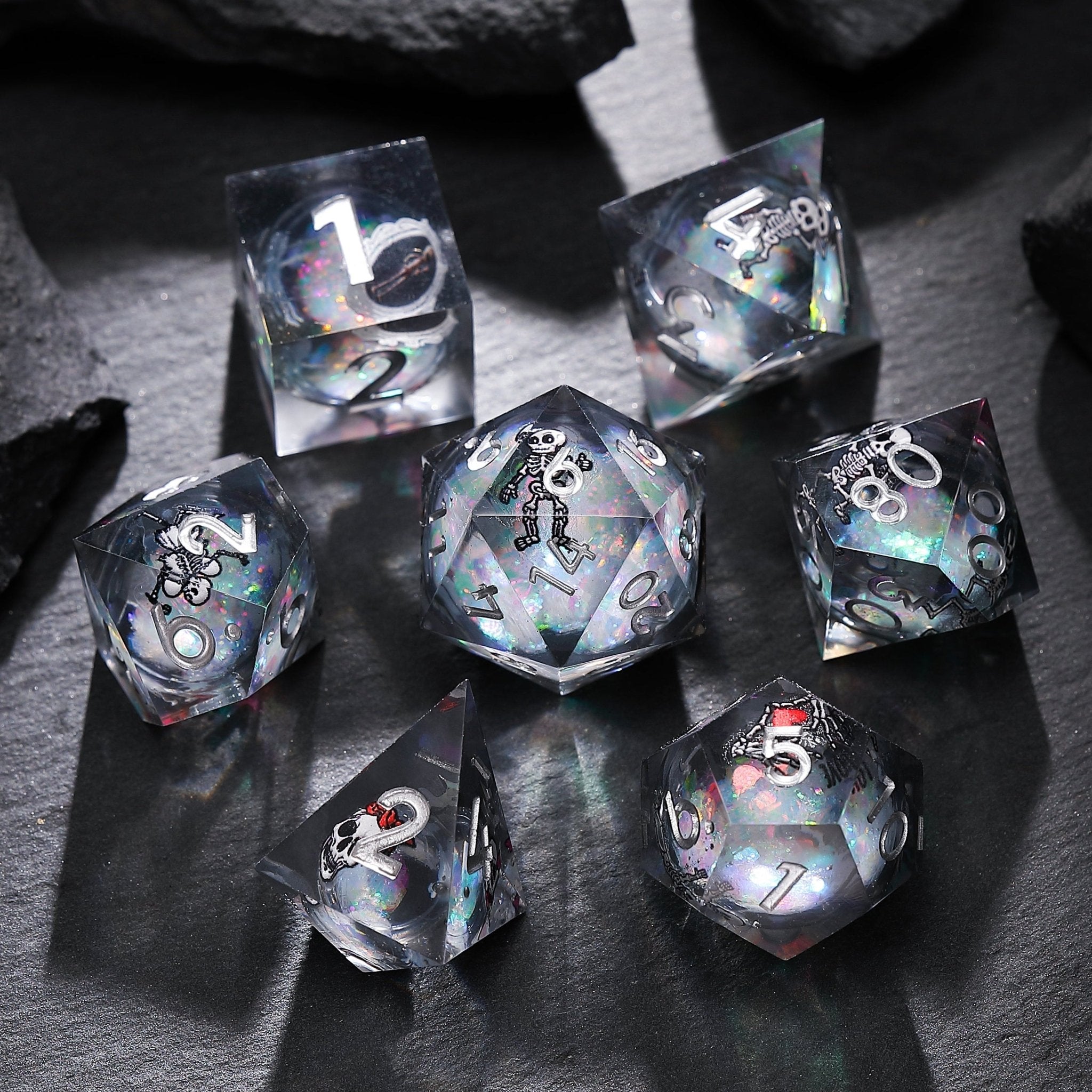 Phantom Ruins Black Silver Skeleton Specter Liquid Core Resin Dnd D&D Dice Set - Masters Dice