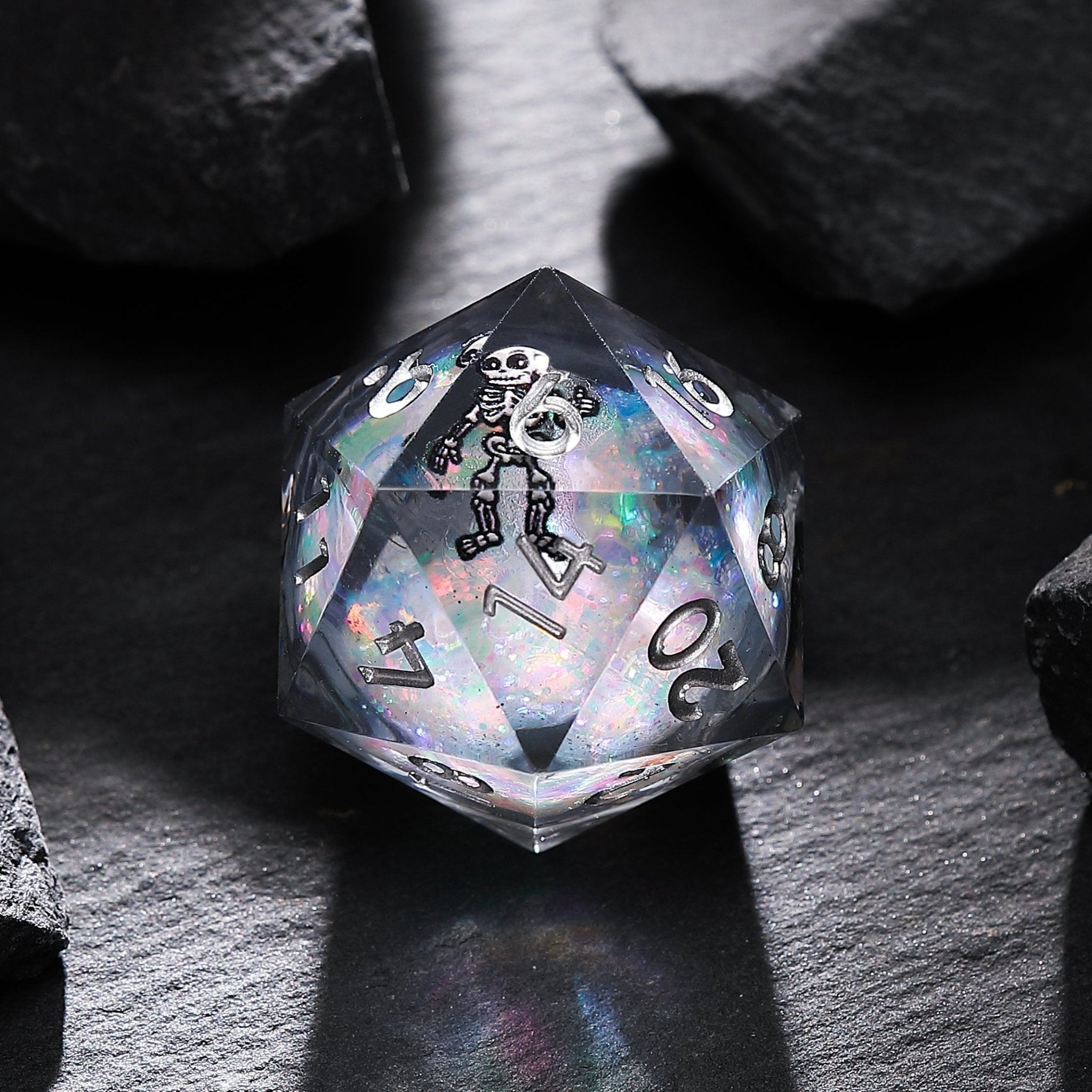 Phantom Ruins Black Silver Skeleton Specter Liquid Core Resin Dnd D&D Dice Set - Masters Dice