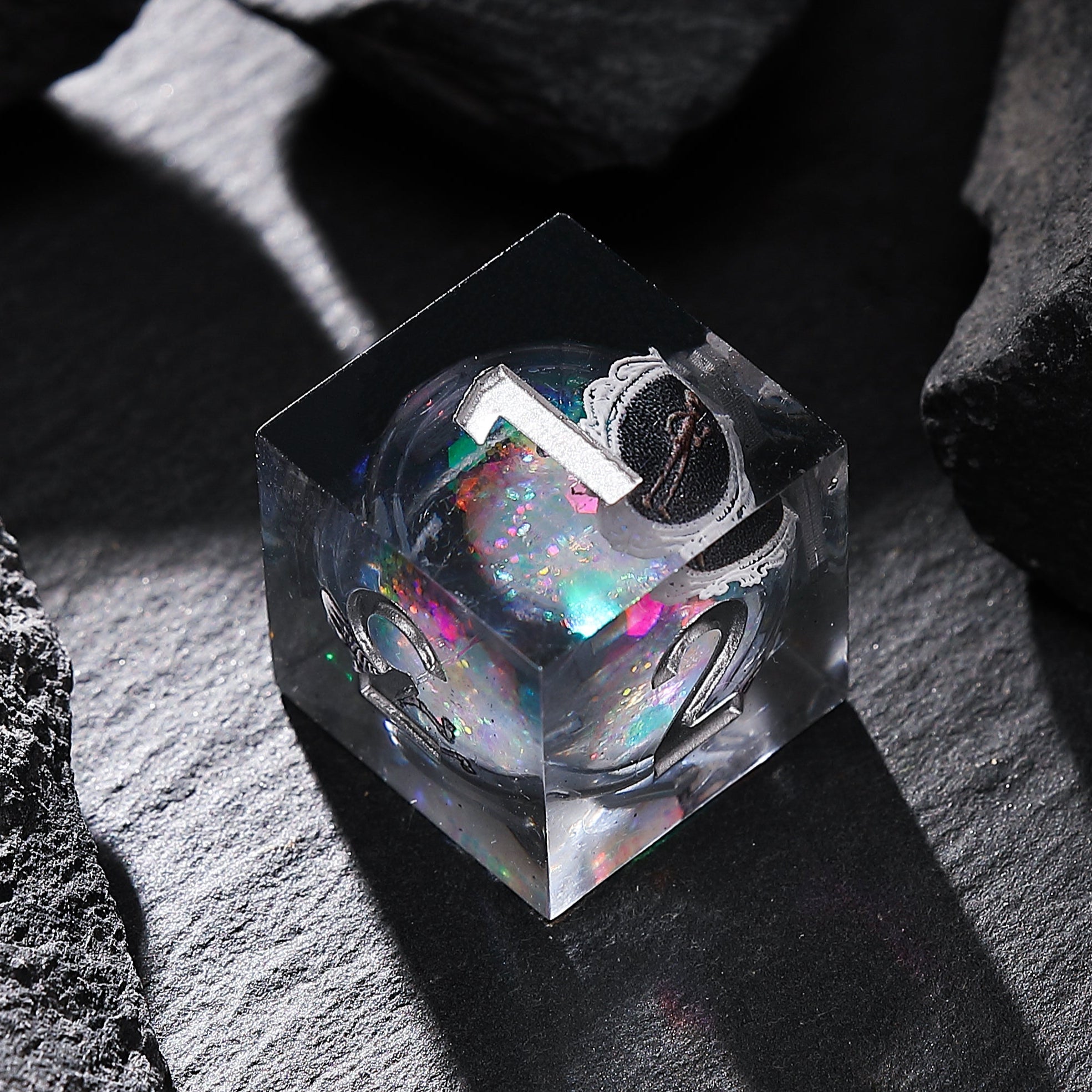 Phantom Ruins Black Silver Skeleton Specter Liquid Core Resin Dnd D&D Dice Set - Masters Dice