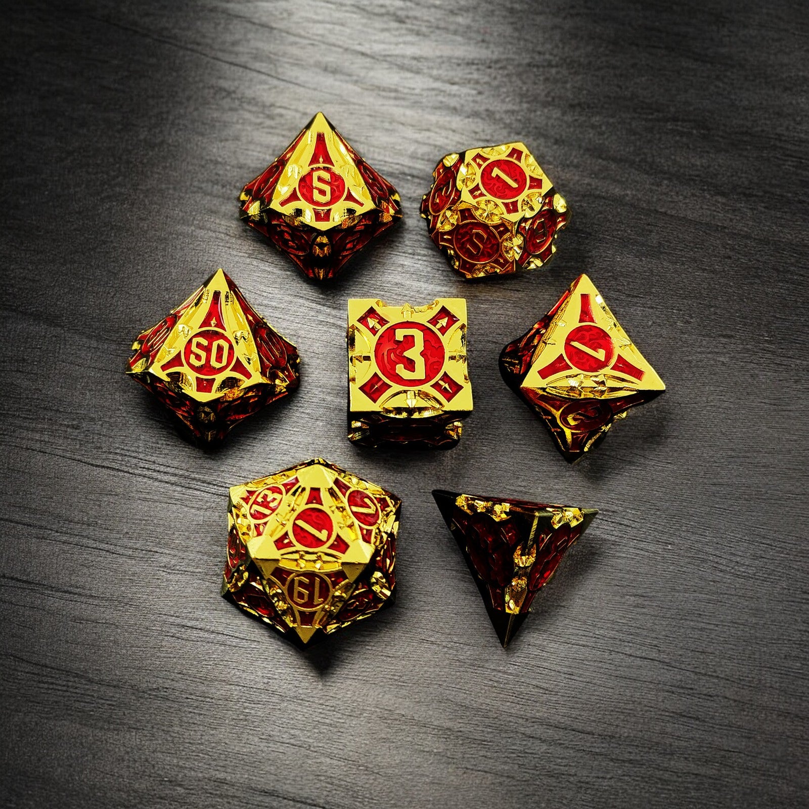 Phoenix Relics Red Gold Hollow Metal Dnd D&d Dice Set - Masters Dice