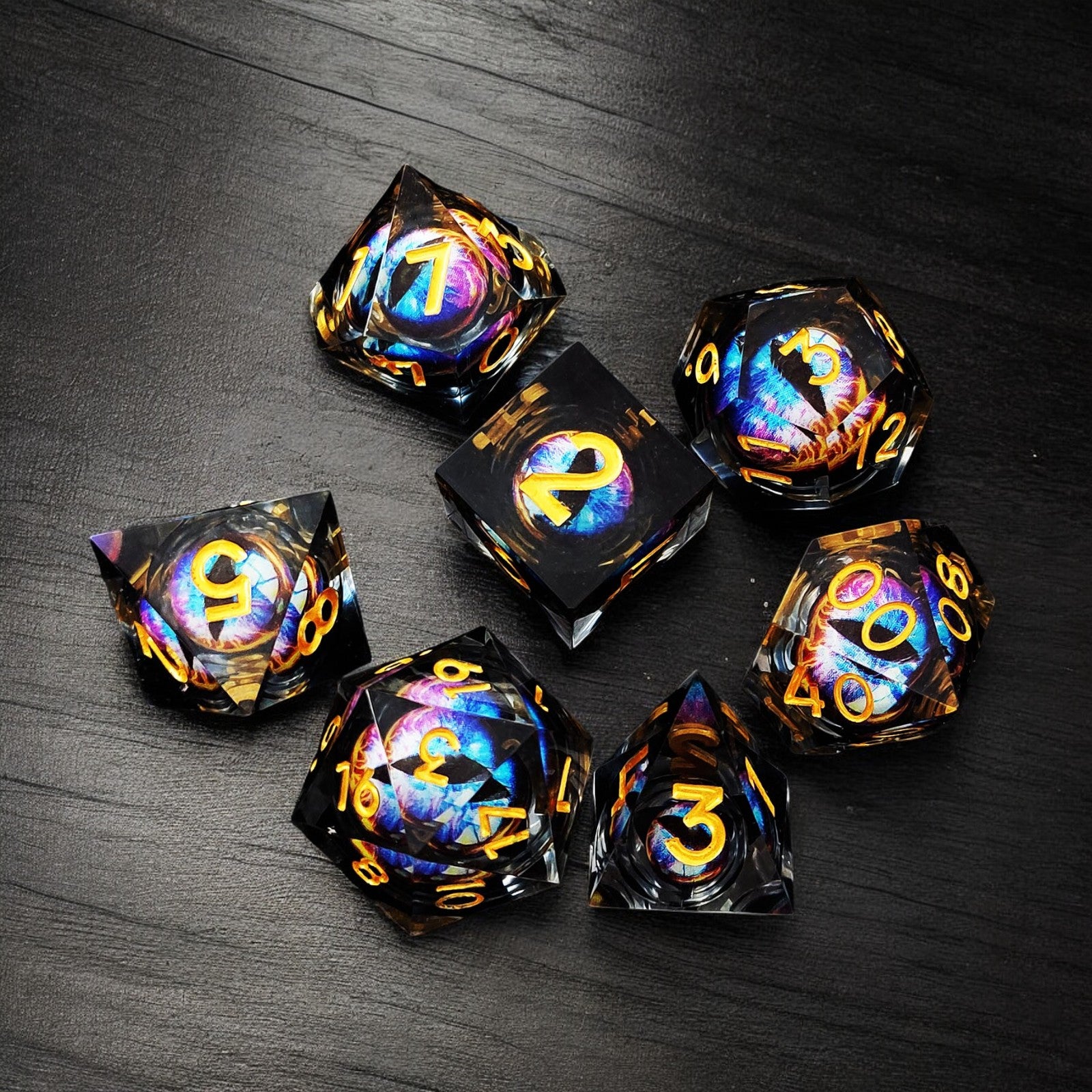 Prismatic Flame Dragon Eye Liquid Core Resin Dnd D&d Dice Set - Masters Dice