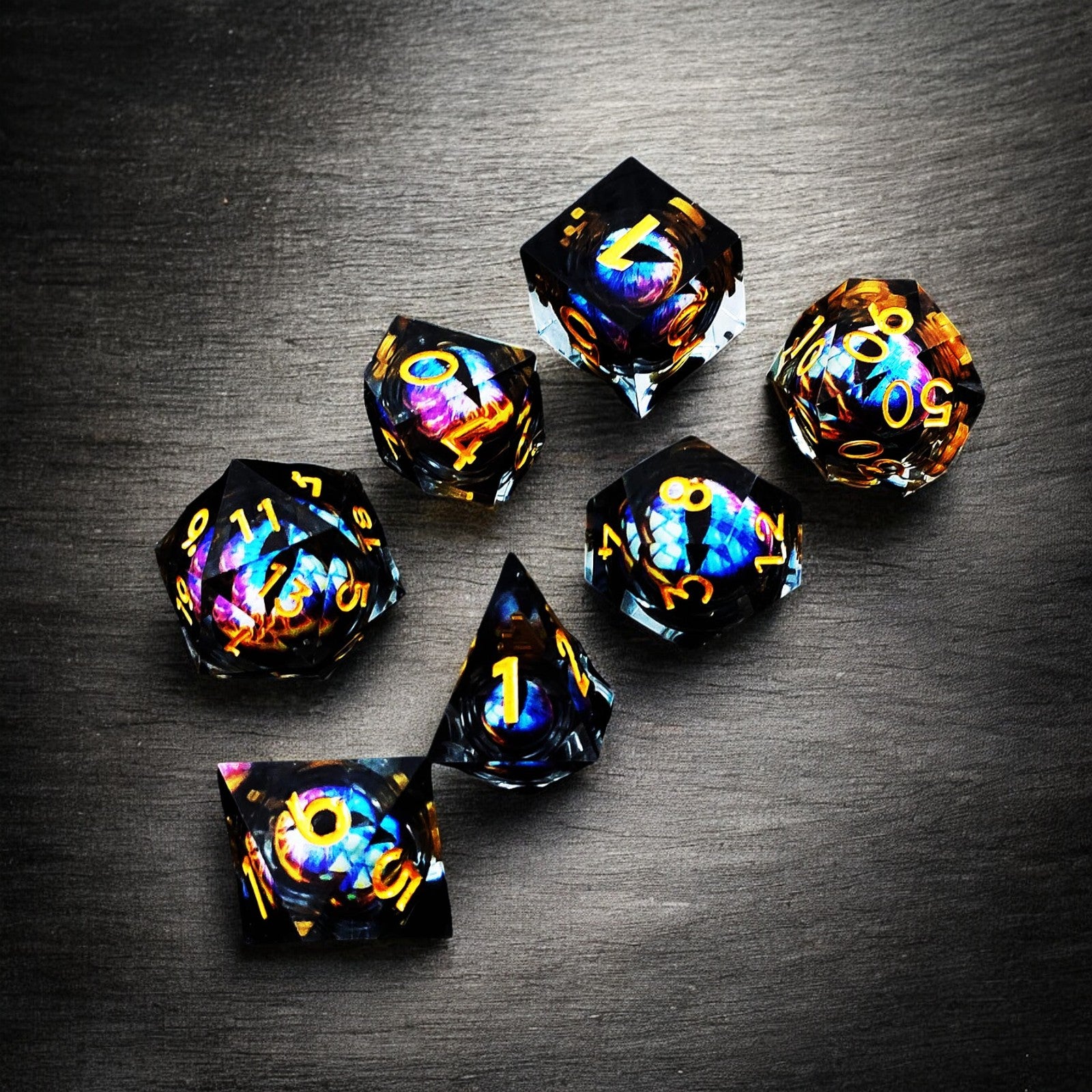 Prismatic Flame Dragon Eye Liquid Core Resin Dnd D&d Dice Set - Masters Dice