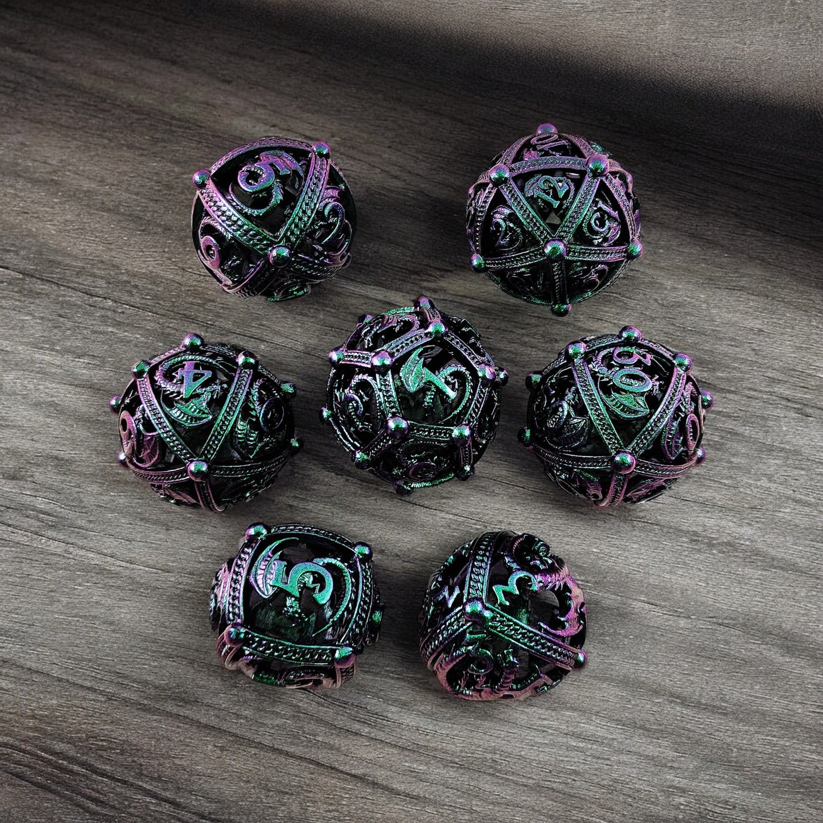 Purple Green Gradient Hollow Ethereal Bloom Metal Dnd D&d Dice Set - Masters Dice