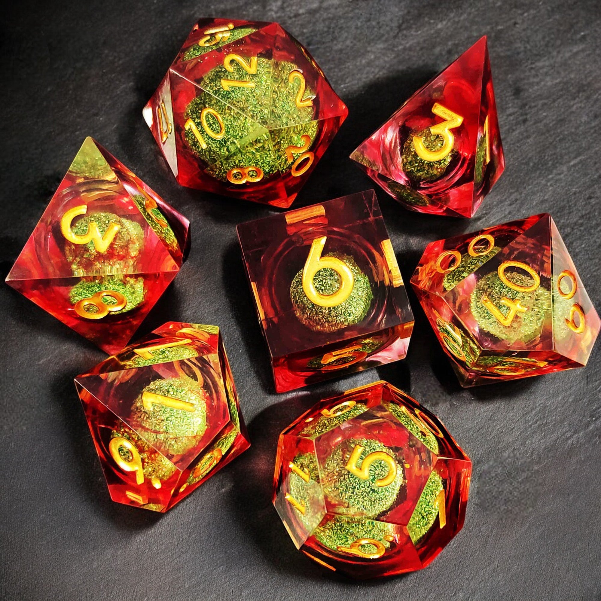 Red Green Radiant Jewel Liquid Core Resin Dnd D&d Dice Set - Masters Dice