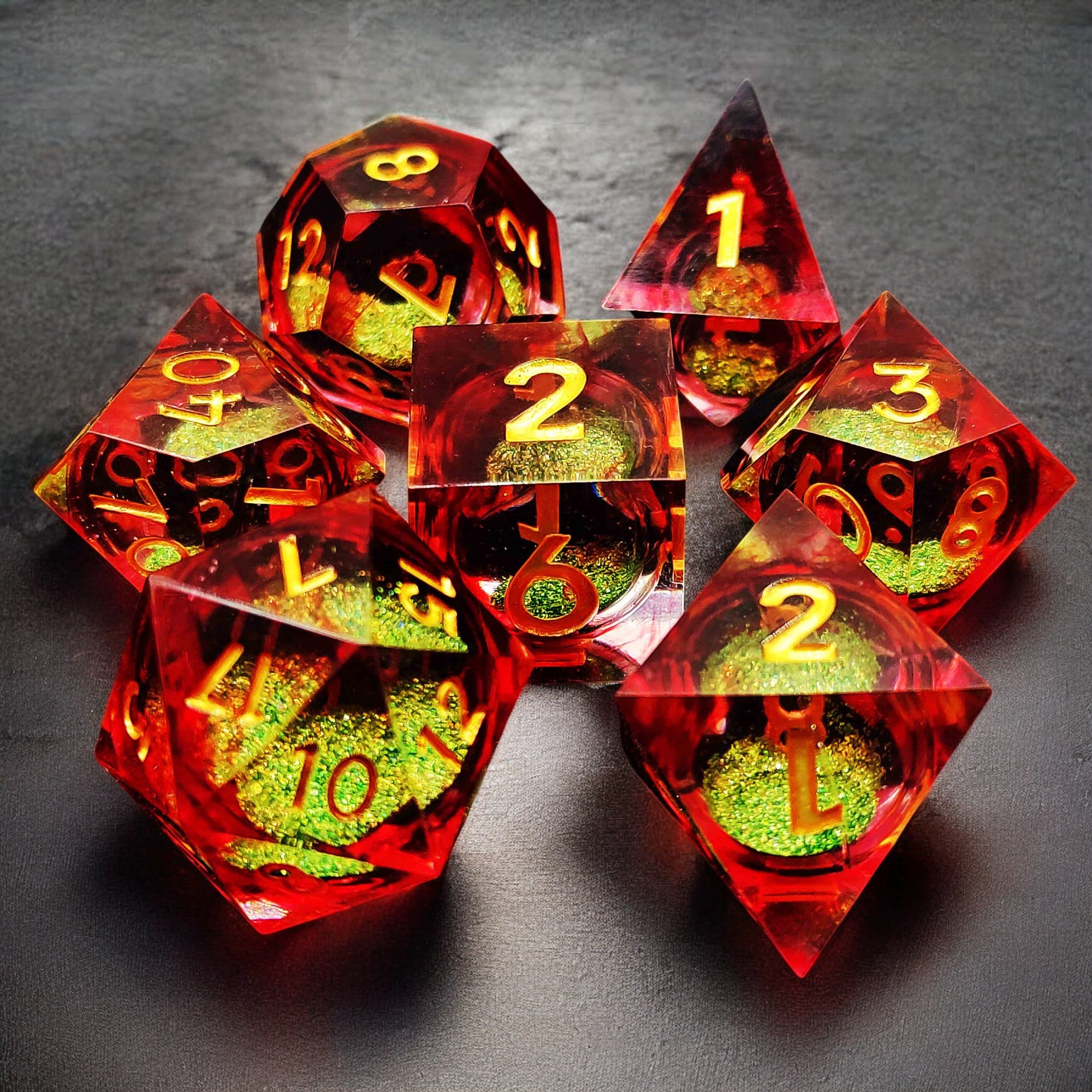 Red Green Radiant Jewel Liquid Core Resin Dnd D&d Dice Set - Masters Dice
