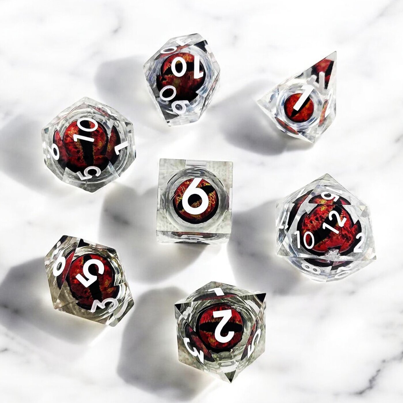 Red Transparent Infernal Orb Dragon Eye Liquid Core Resin Dnd D&d Dice Set - Masters Dice