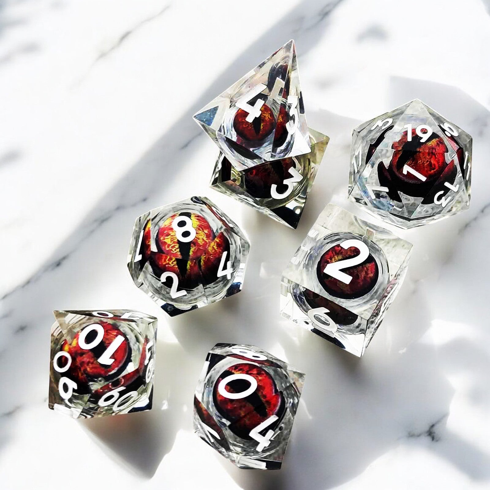 Red Transparent Infernal Orb Dragon Eye Liquid Core Resin Dnd D&d Dice Set - Masters Dice
