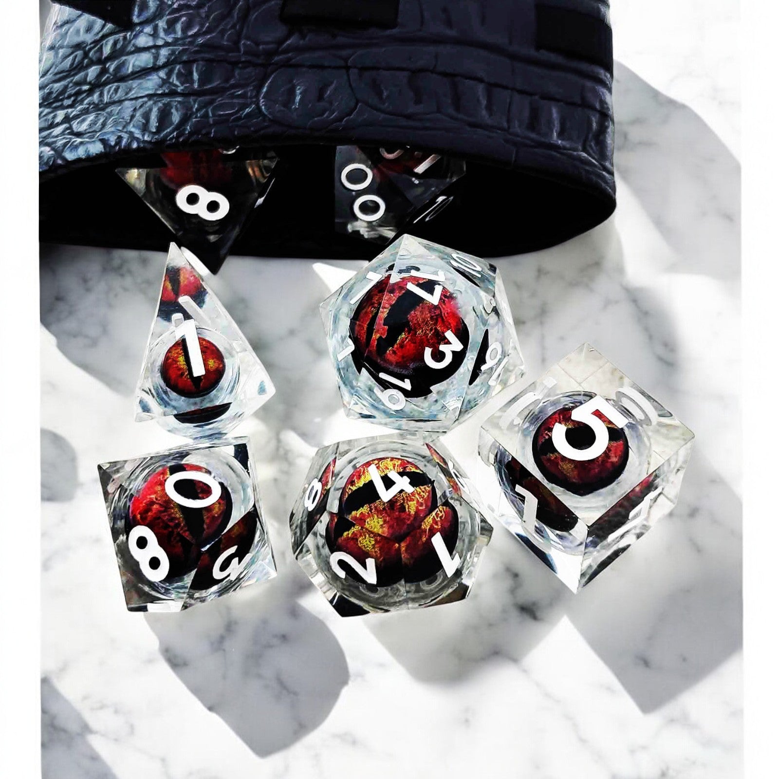 Red Transparent Infernal Orb Dragon Eye Liquid Core Resin Dnd D&d Dice Set - Masters Dice