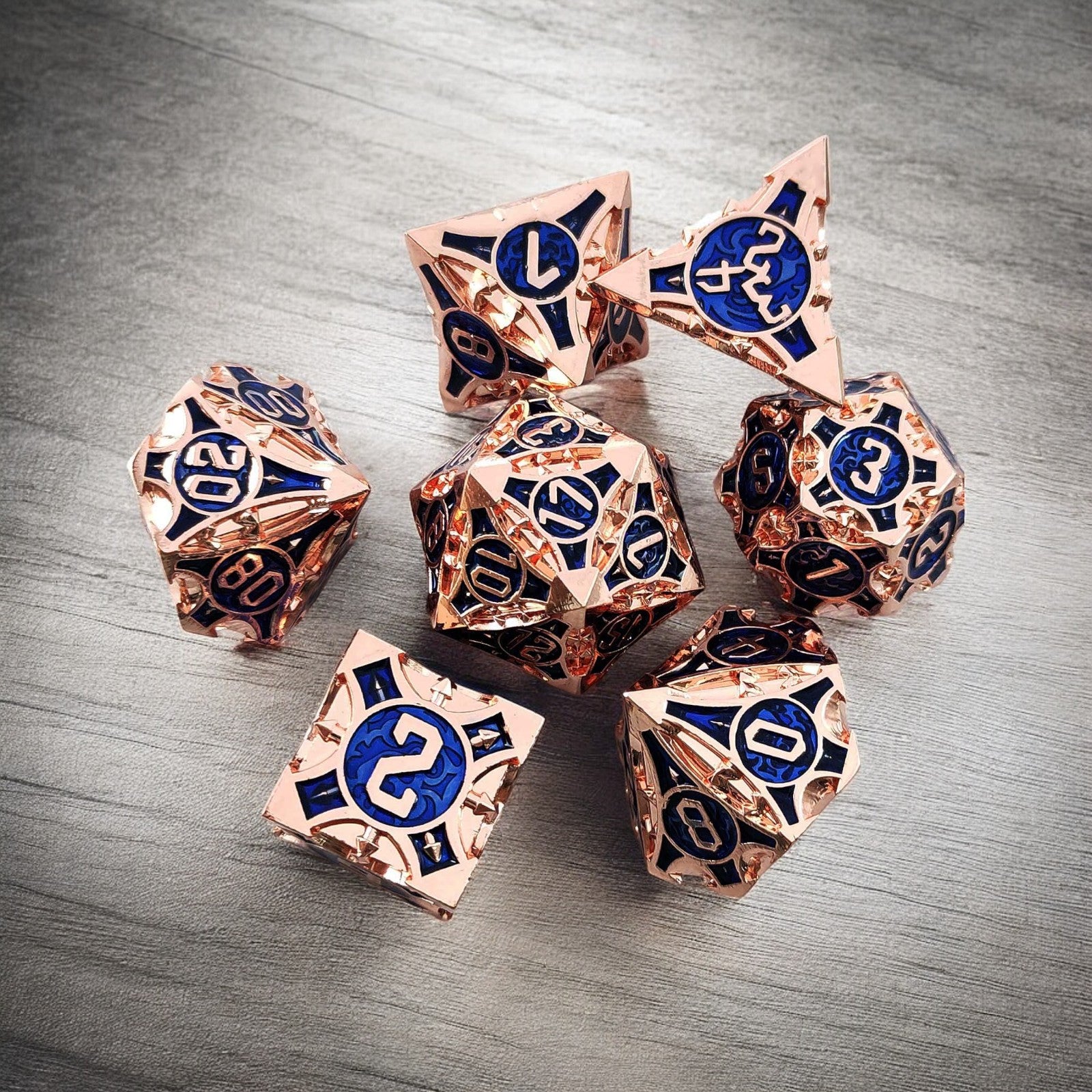Rose Gold And Blue Royal Bloom Metal Dnd D&d Dice Set - Masters Dice
