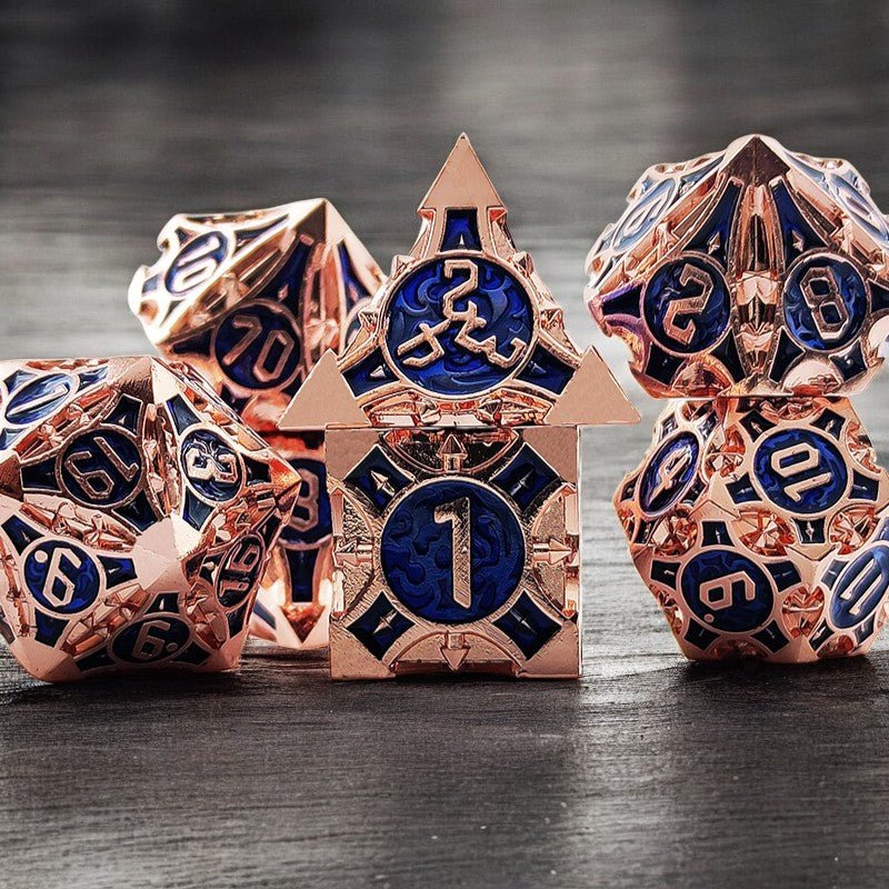 Rose Gold And Blue Royal Bloom Metal Dnd D&d Dice Set - Masters Dice