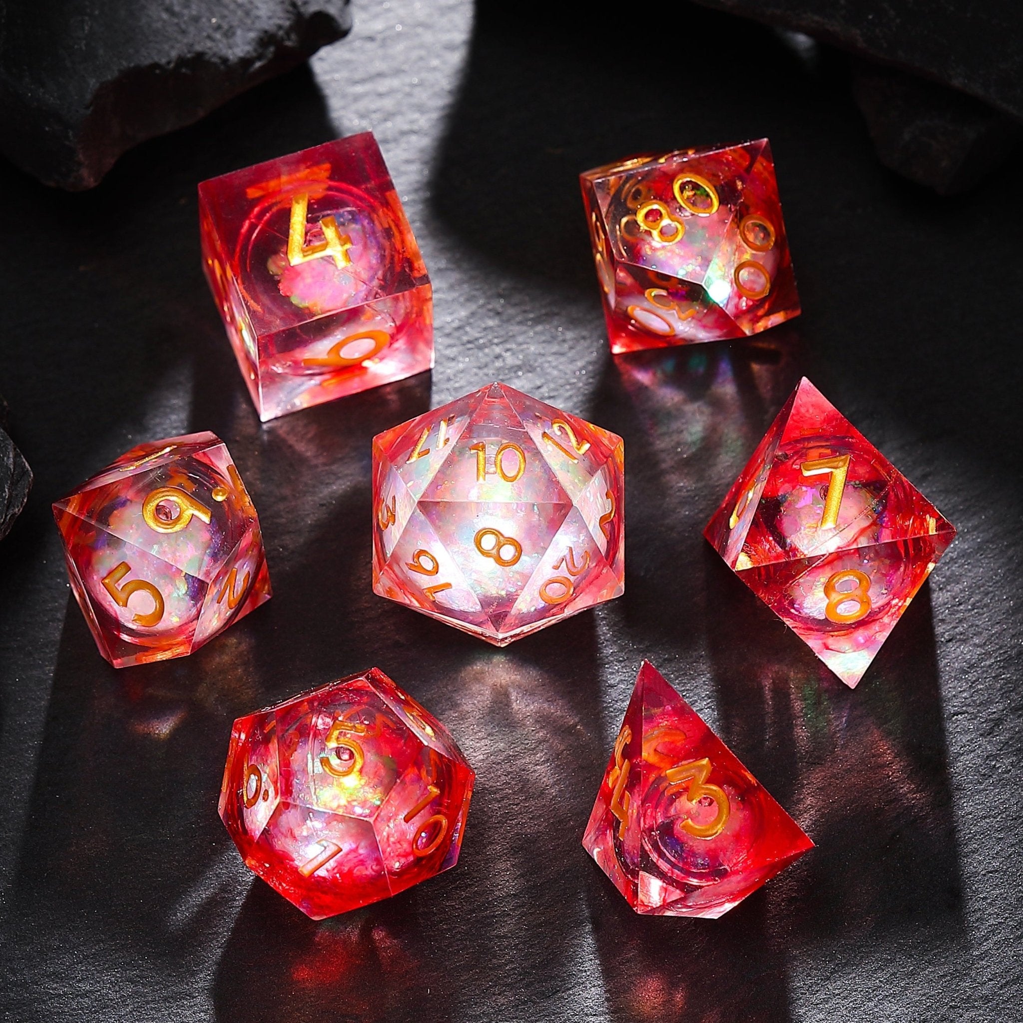 Ruby Inferno Red - Gold Liquid Core Resin Dnd D&D Dice Set - Masters Dice