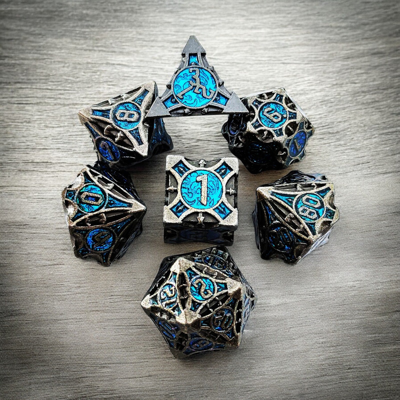 Silver Black And Blue Azure Sigil Metal Dnd D&d Dice Set - Masters Dice