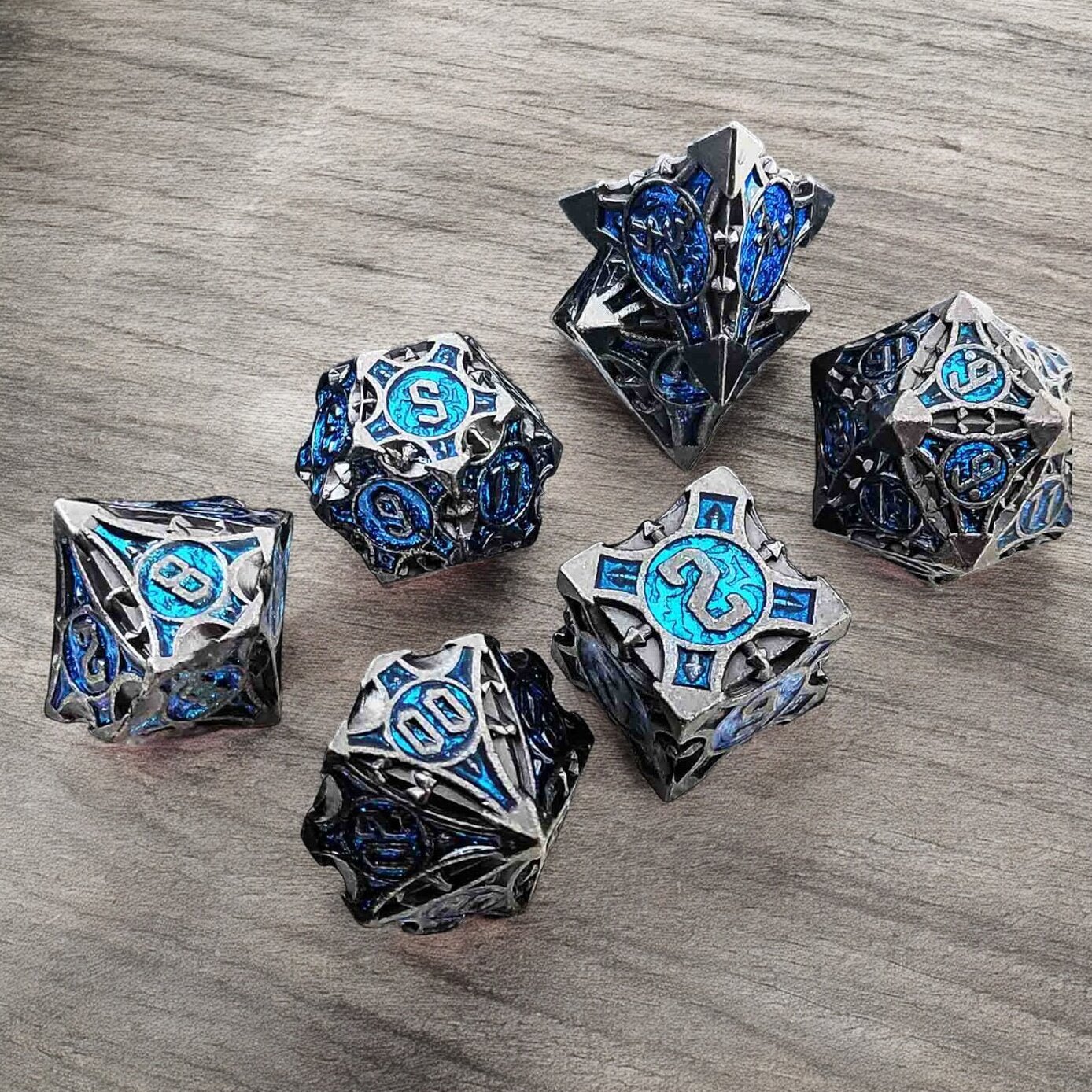 Silver Black And Blue Azure Sigil Metal Dnd D&d Dice Set - Masters Dice