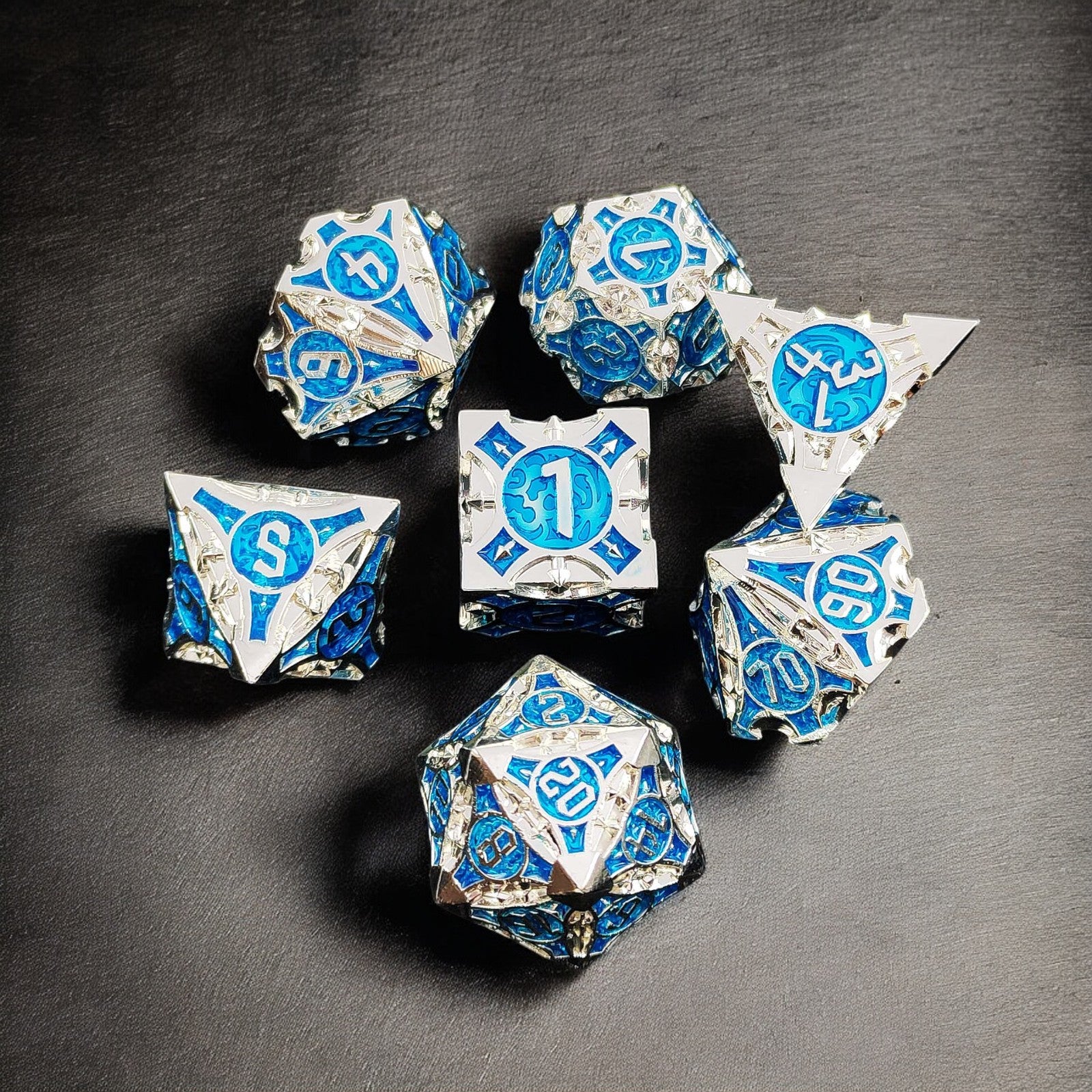 Silver Blue Arctic Sigil Hollow Metal Dnd D&d Dice Set - Masters Dice