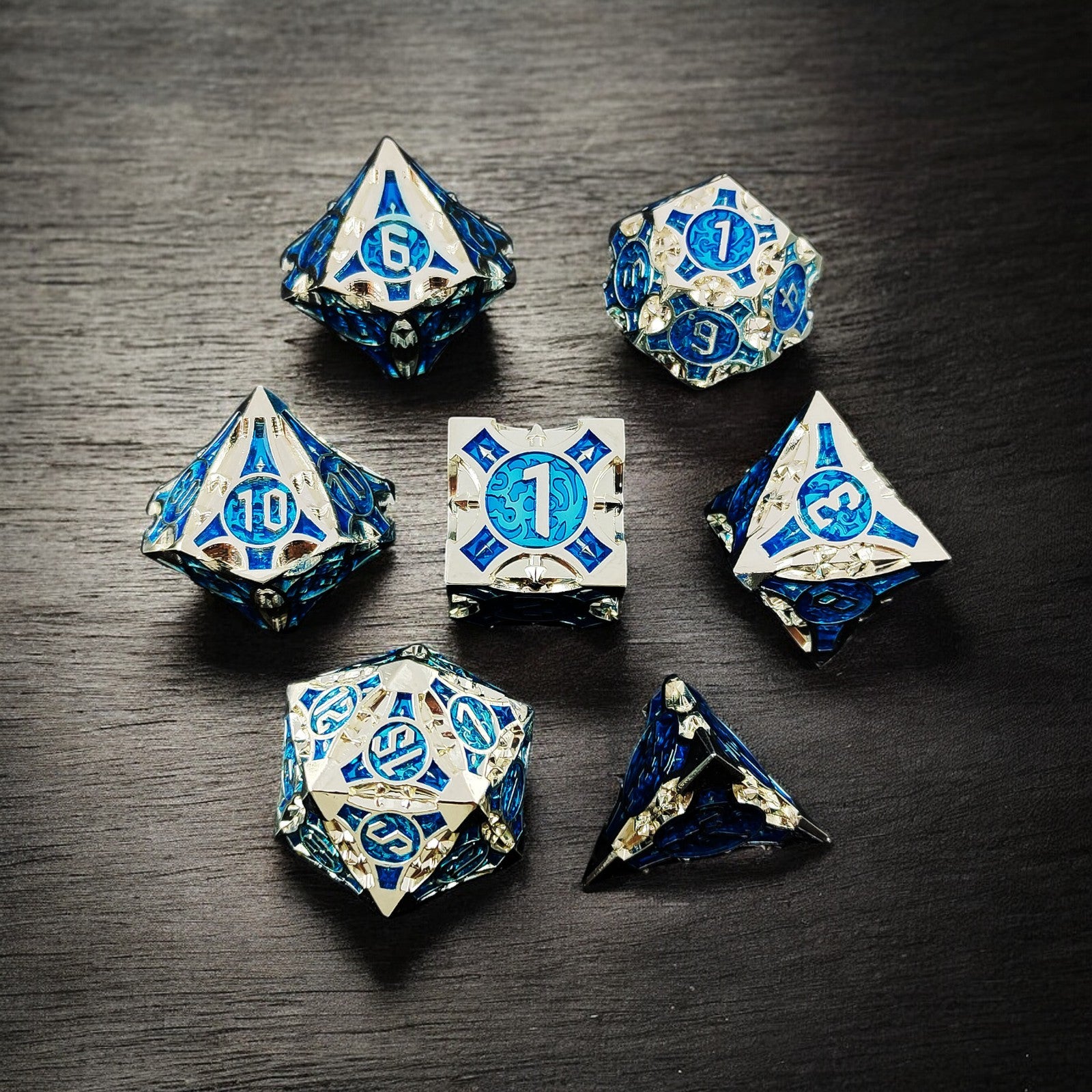 Silver Blue Arctic Sigil Hollow Metal Dnd D&d Dice Set - Masters Dice