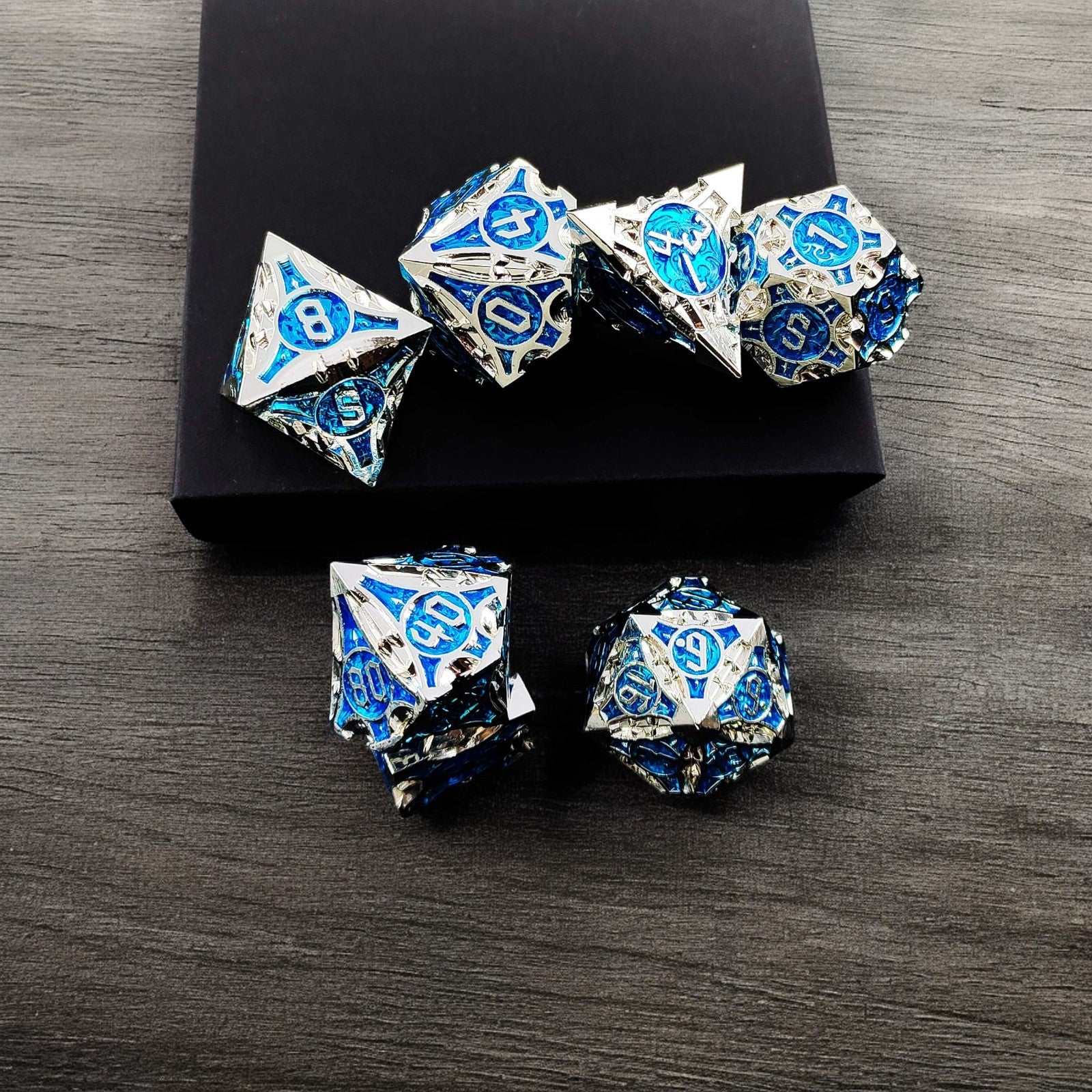Silver Blue Arctic Sigil Hollow Metal Dnd D&d Dice Set - Masters Dice