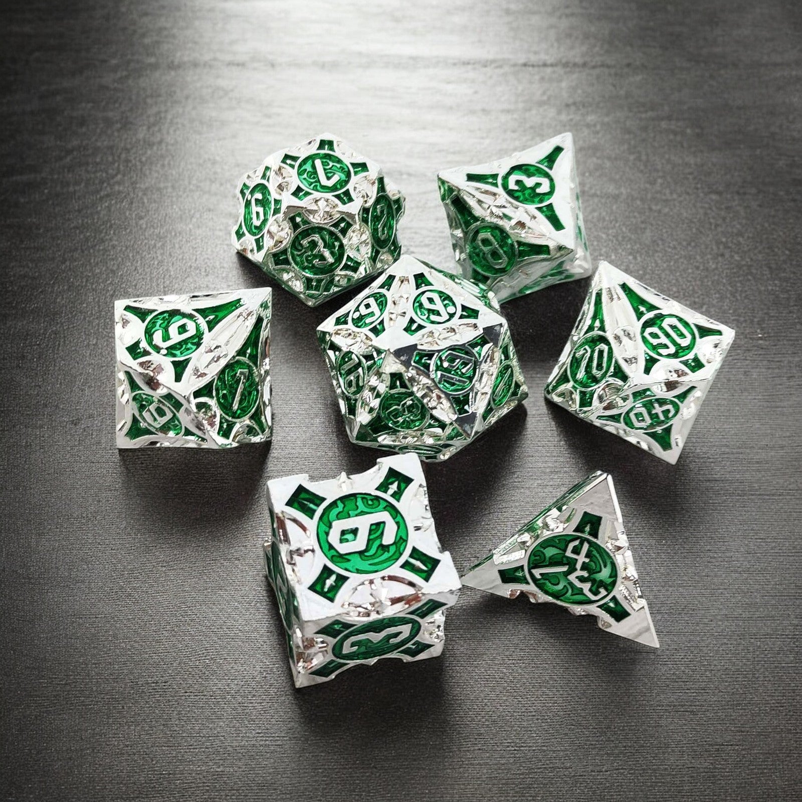 Silver Green Emerald Core Hollow Metal Dnd D&d Dice Set - Masters Dice