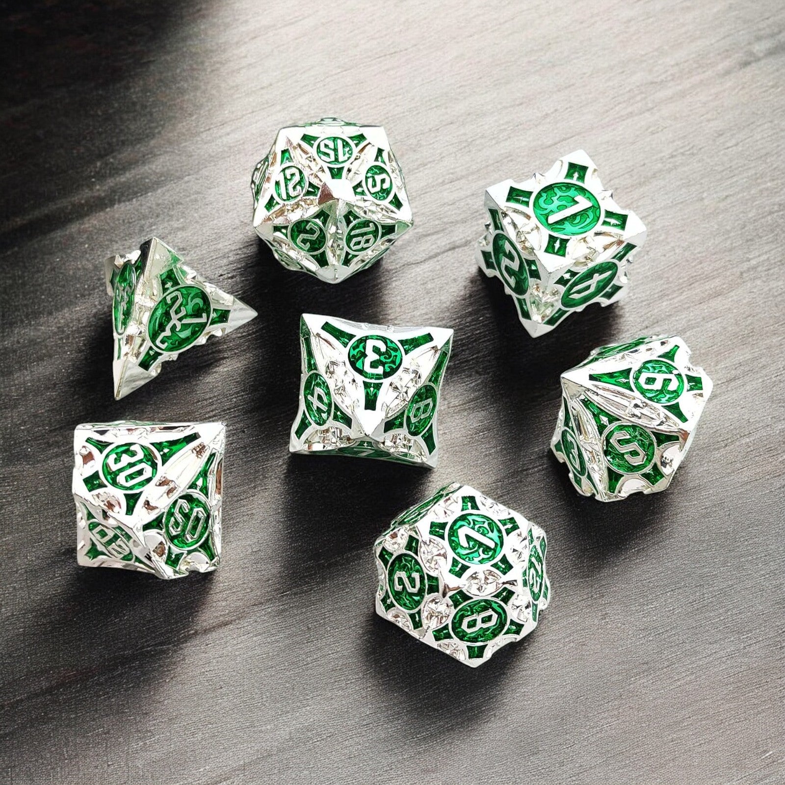 Silver Green Emerald Core Hollow Metal Dnd D&d Dice Set - Masters Dice