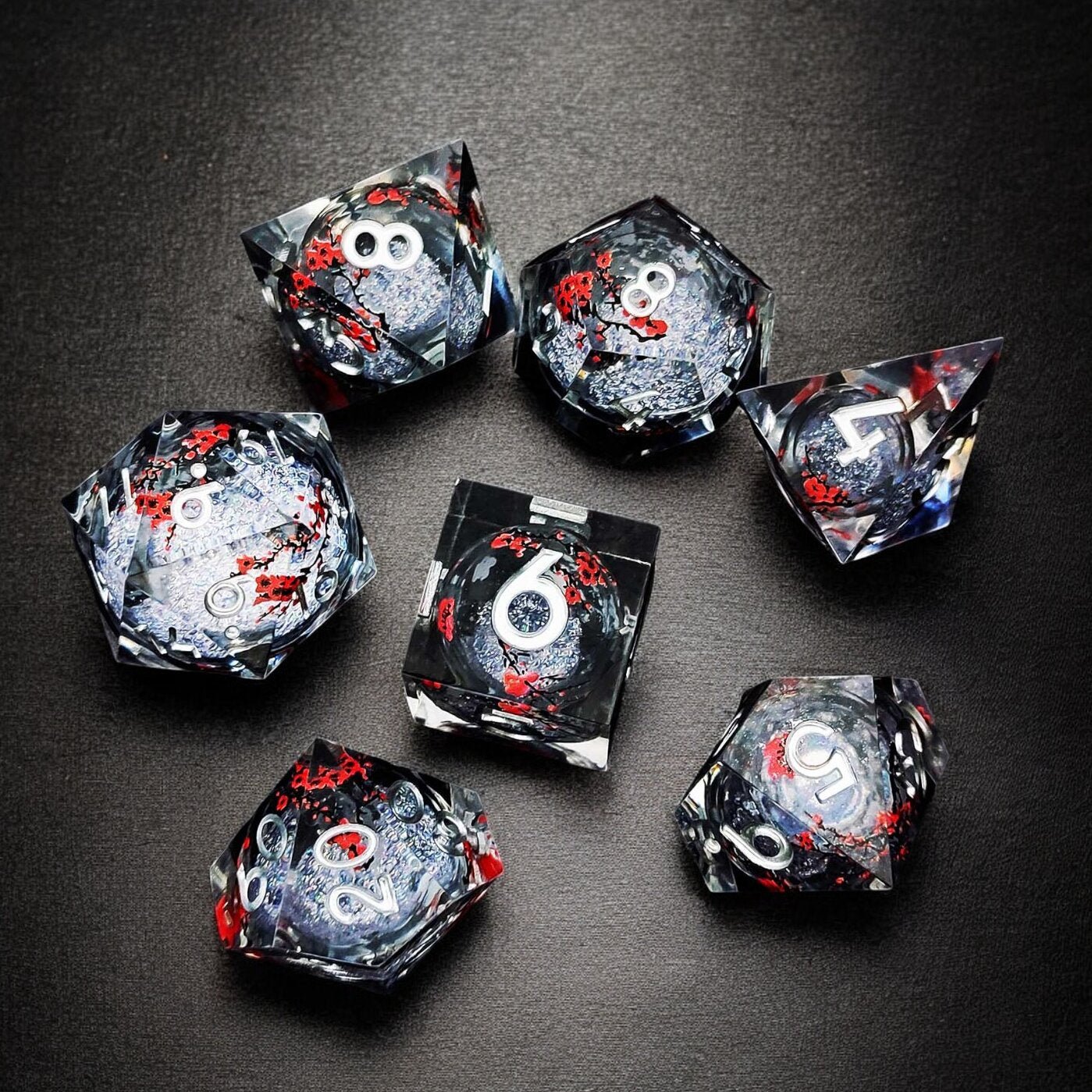 Silver Plum Blossom Liquid Core Resin Dnd D&d Dice Set - Masters Dice