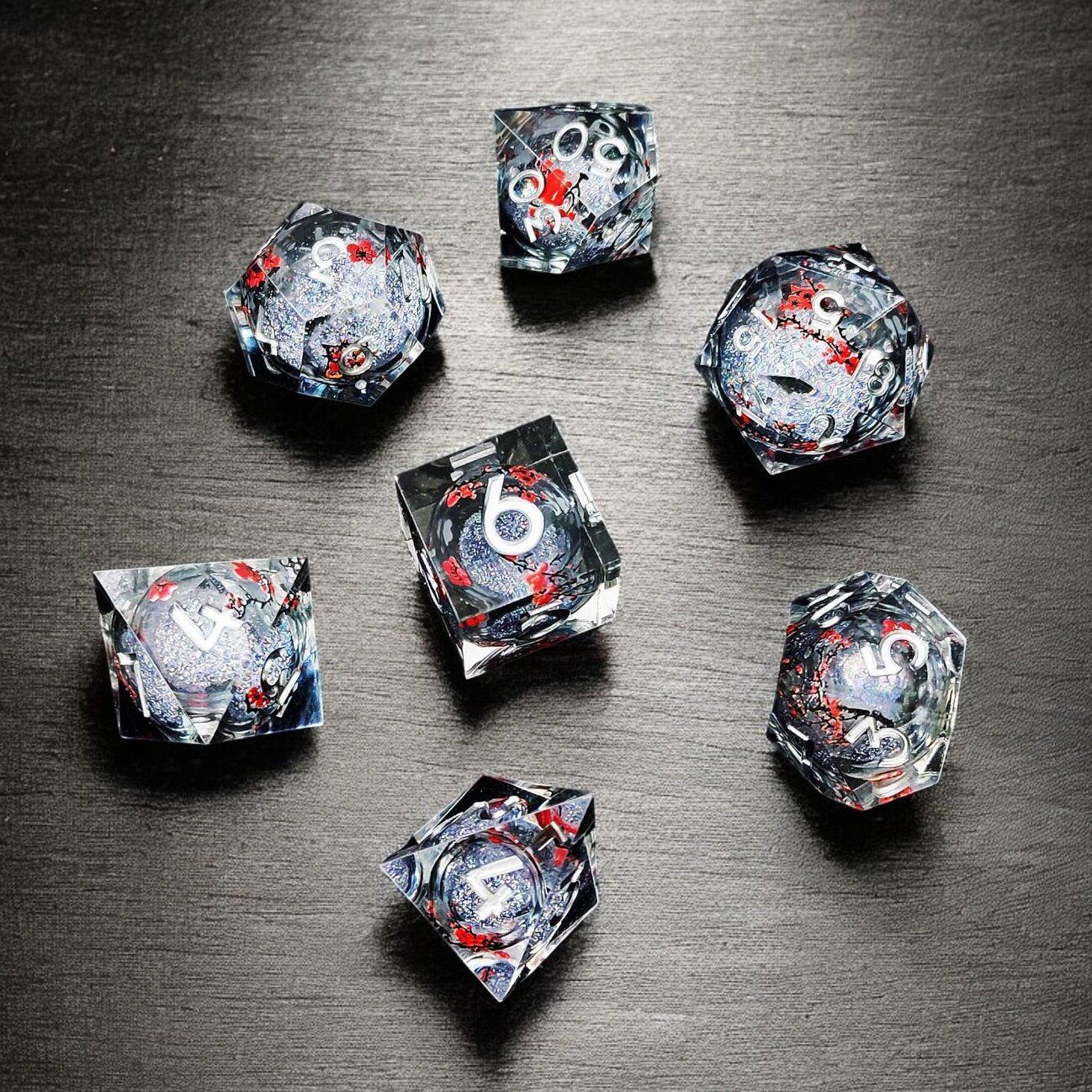 Silver Plum Blossom Liquid Core Resin Dnd D&d Dice Set - Masters Dice
