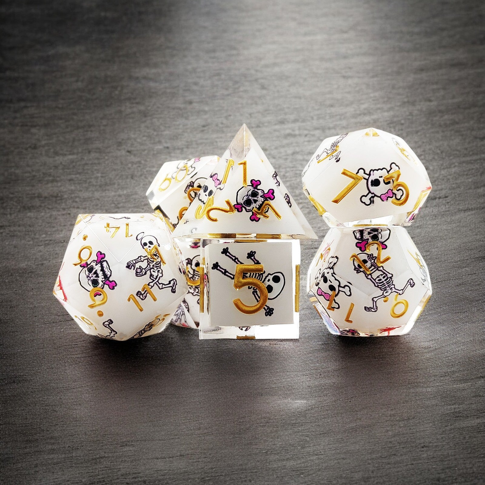 White Gold Skeleton Man Resin Dnd D&d Dice Set - Masters Dice