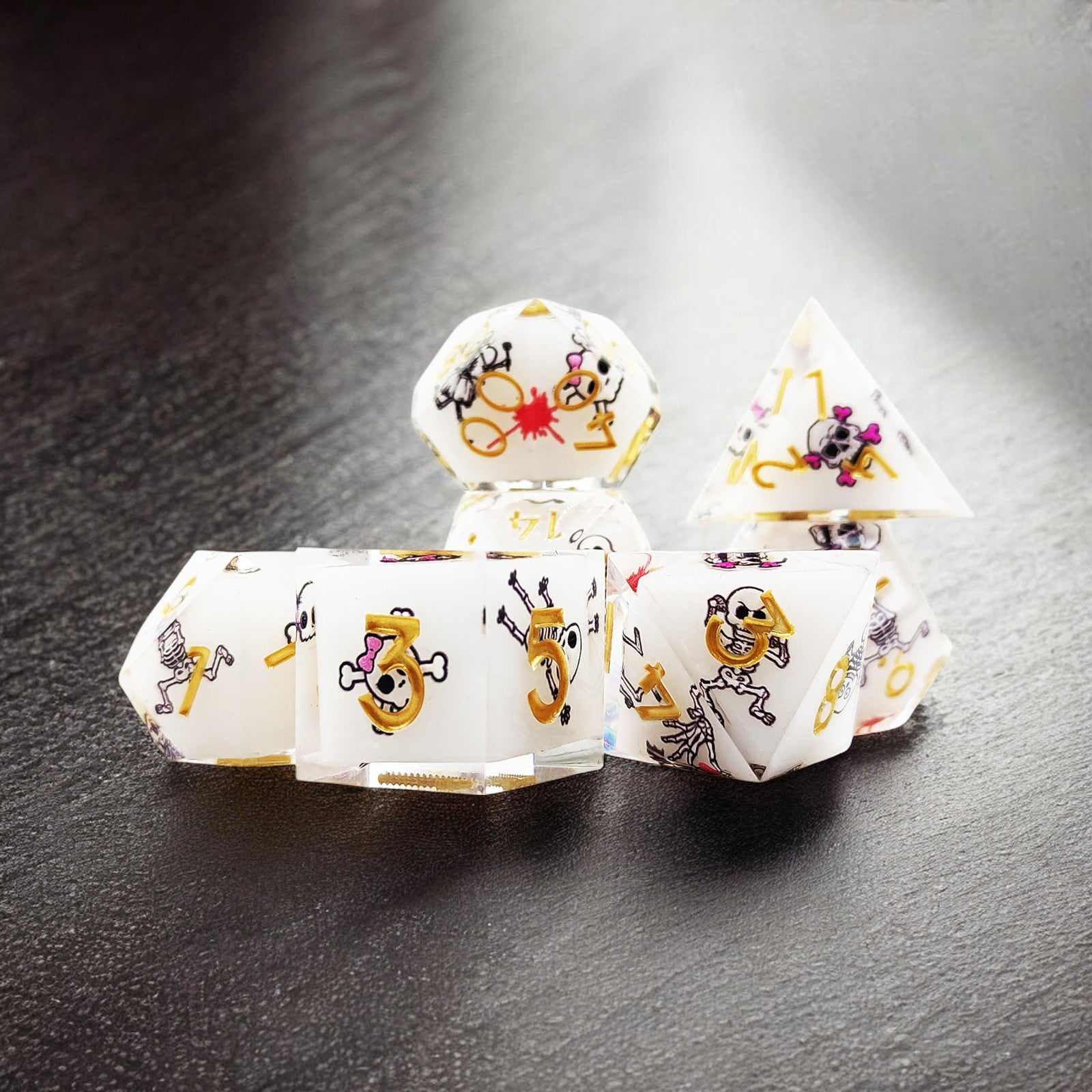 White Gold Skeleton Man Resin Dnd D&d Dice Set - Masters Dice