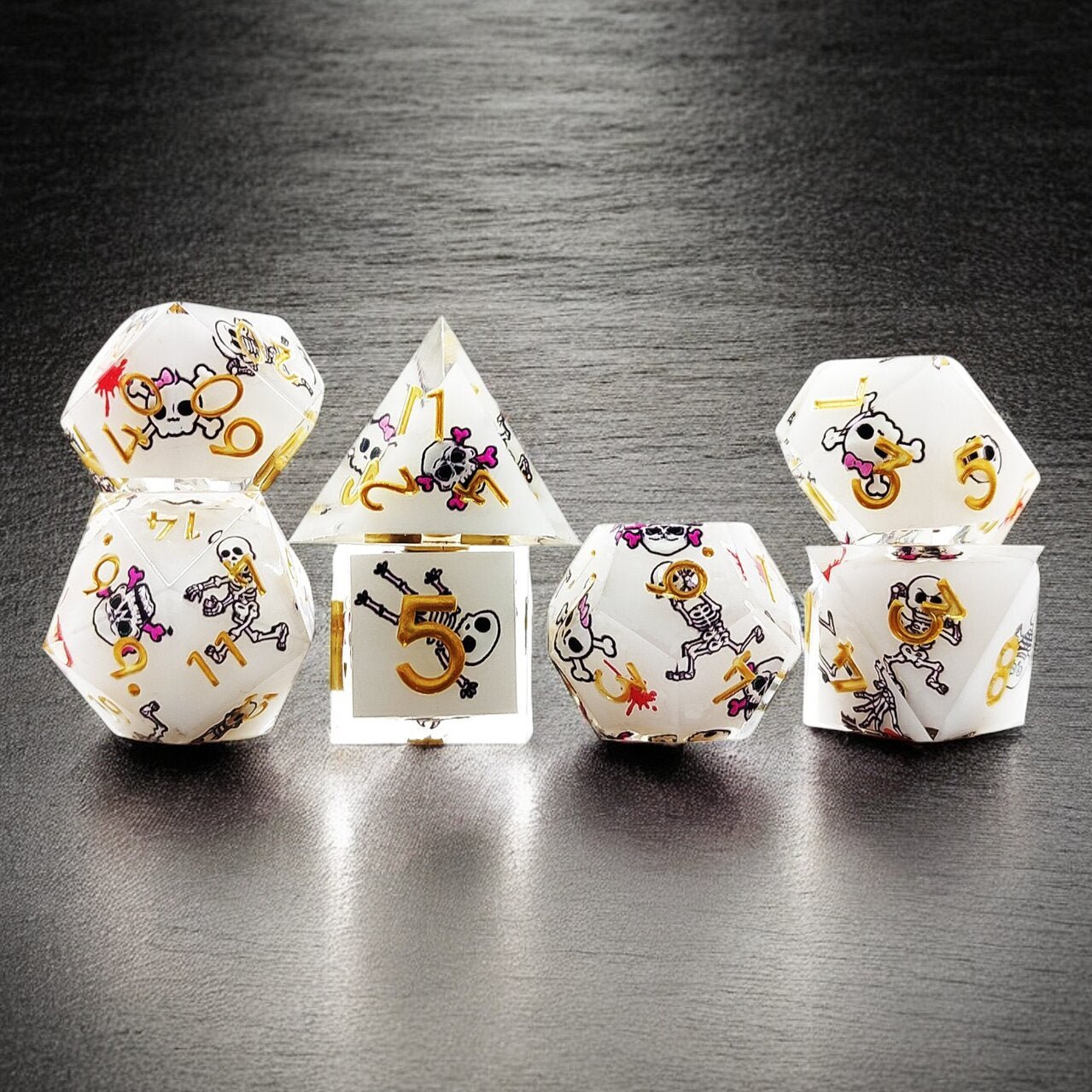 White Gold Skeleton Man Resin Dnd D&d Dice Set - Masters Dice