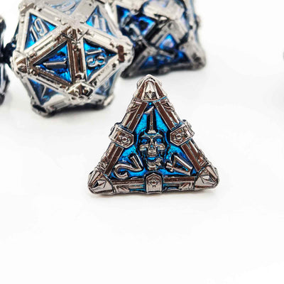 Skull Keep Gothic Relic Metal Dnd D&d Dice Set - Black Nickel Blue