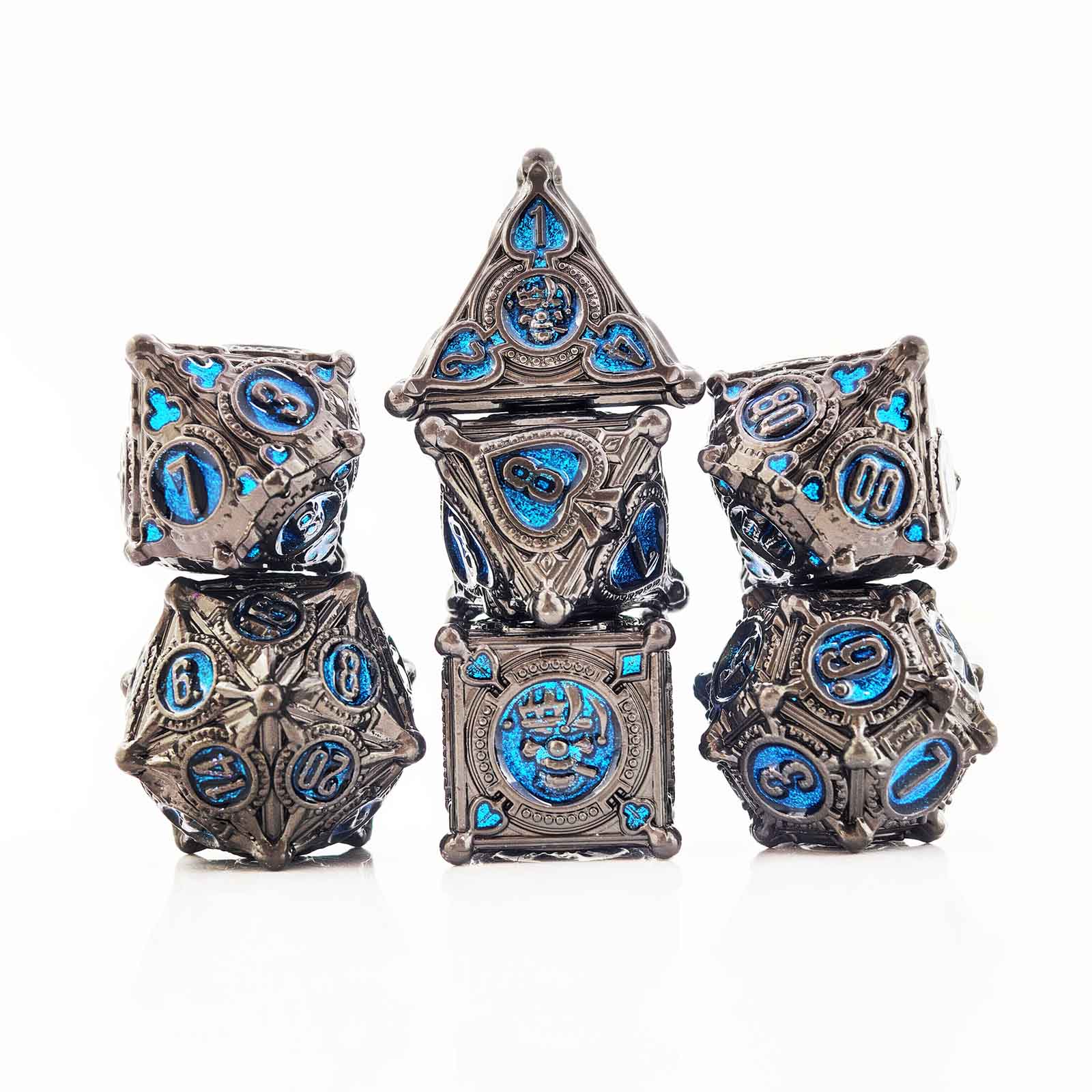 Gambler’s Sigil Playing Card Metal Dnd D&d Dice Set - Pearl Gunmetal Blue