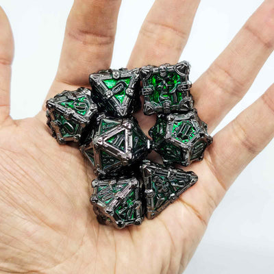 Skull Keep Gothic Relic Metal Dnd D&d Dice Set - Black Nickel Green