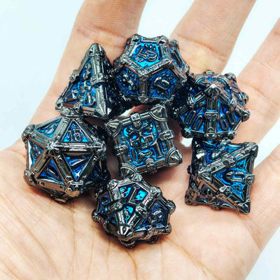 Skull Keep Gothic Relic Metal Dnd D&d Dice Set - Black Nickel Blue