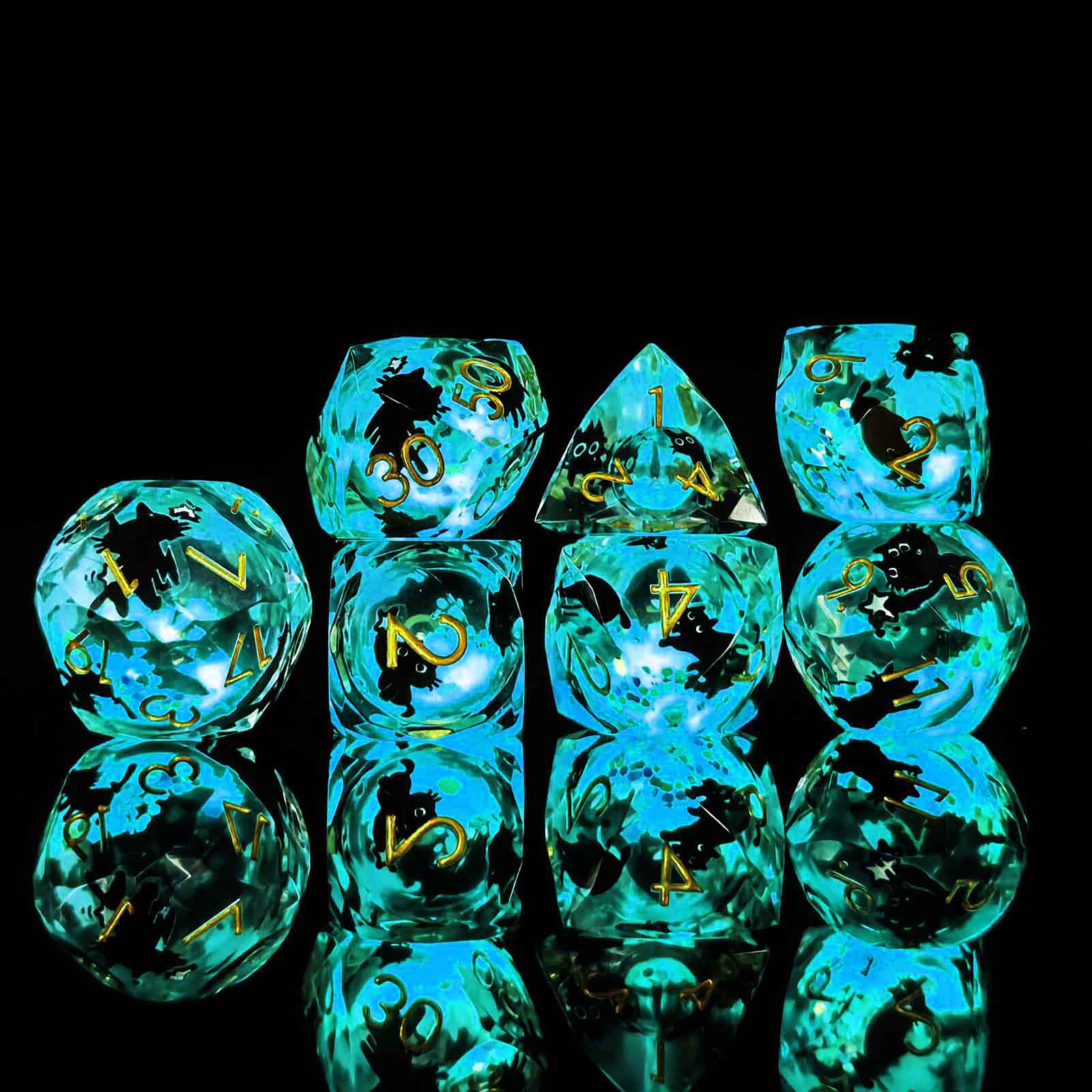 Glowpaw Prism Cat Liquid Core Resin Dnd D&D Dice Set - Aqua Glow Blue