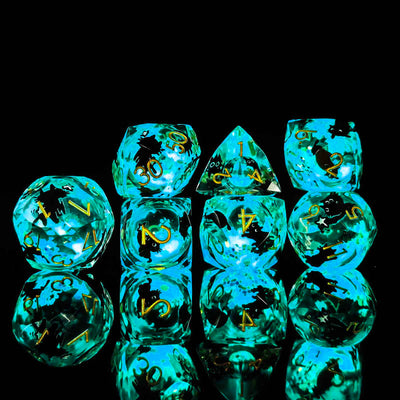 Glowpaw Prism Cat Liquid Core Resin Dnd D&D Dice Set - Aqua Glow Blue
