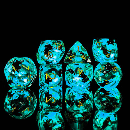 Glowpaw Prism Cat Liquid Core Resin Dnd D&D Dice Set - Aqua Glow Blue