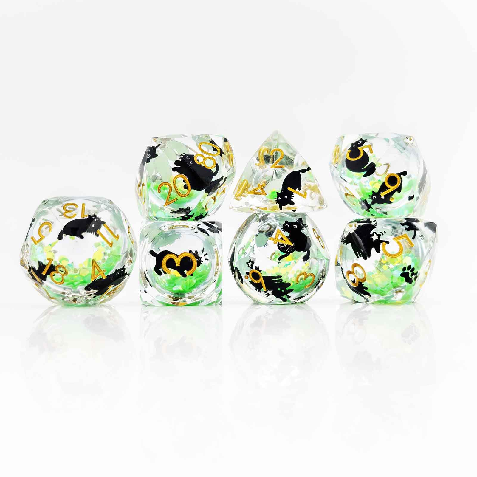 Glowpaw Prism Cat Liquid Core Resin Dnd D&D Dice Set - Glow Jade Green
