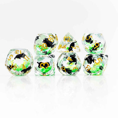 Glowpaw Prism Cat Liquid Core Resin Dnd D&D Dice Set - Glow Jade Green