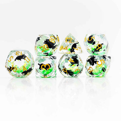 Glowpaw Prism Cat Liquid Core Resin Dnd D&D Dice Set - Glow Jade Green