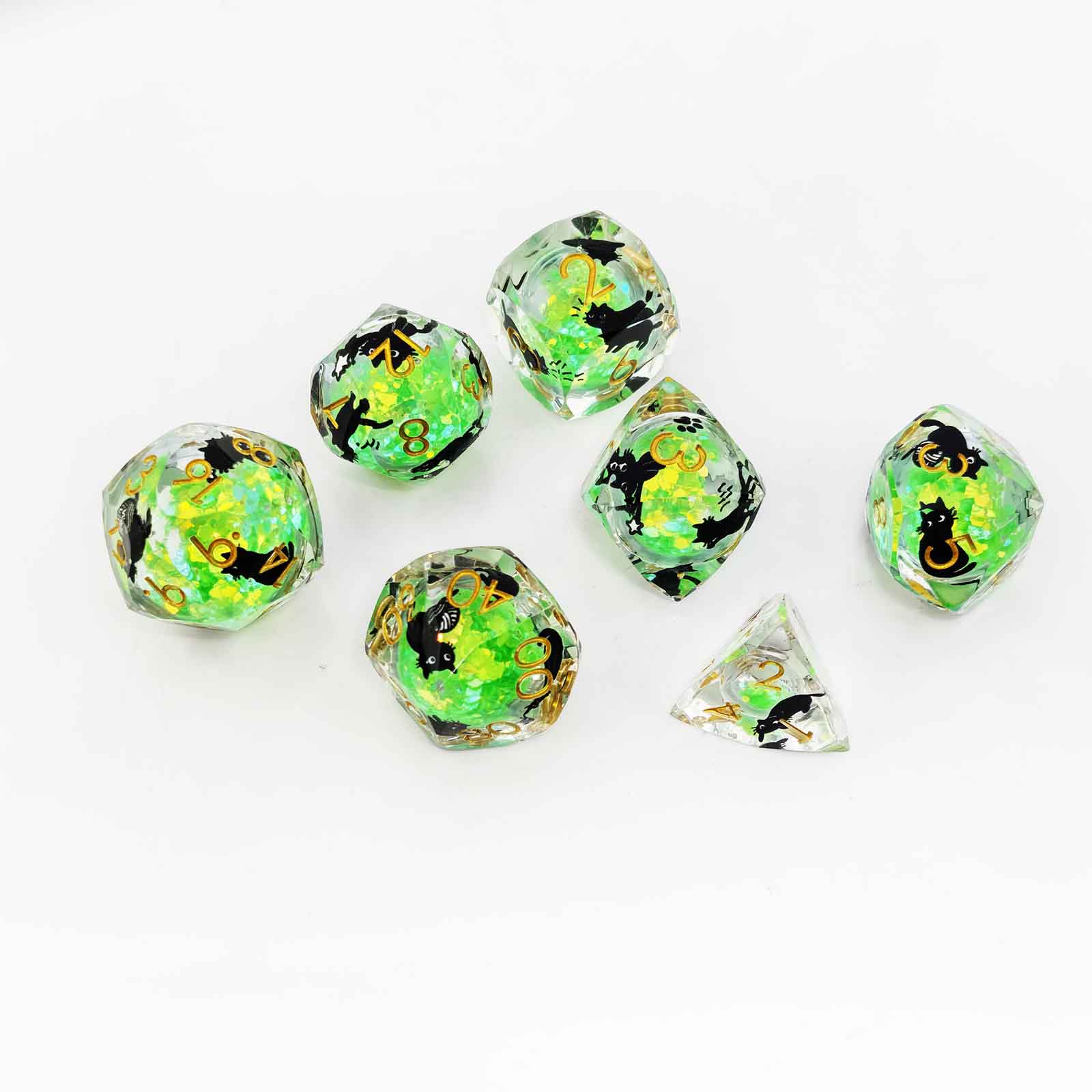 Glowpaw Prism Cat Liquid Core Resin Dnd D&D Dice Set - Glow Jade Green