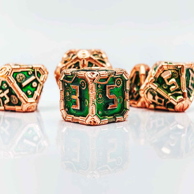Clockwork Gear Core Metal Dnd D&d Dice Set - Red Copper Emerald