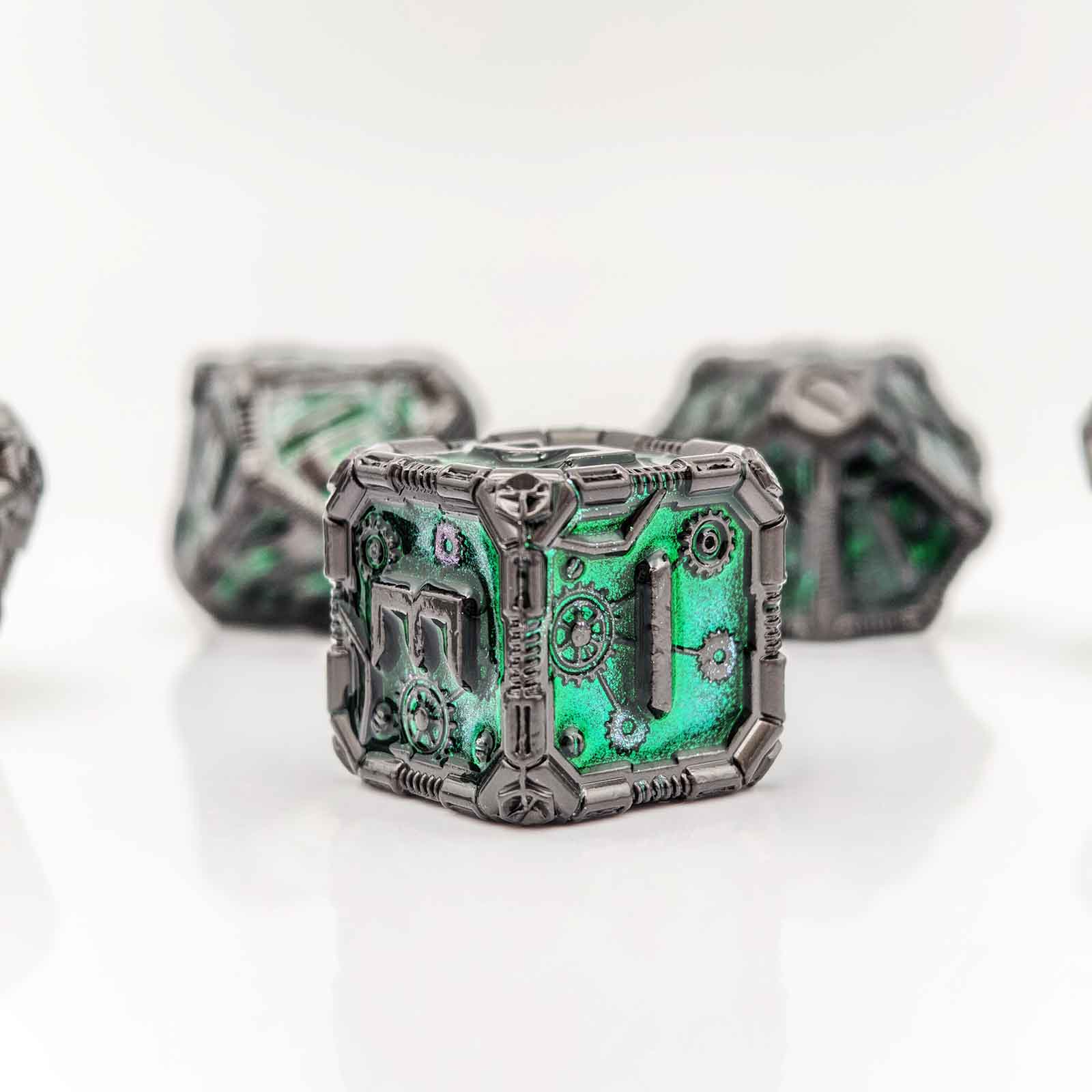 Clockwork Gear Core Metal Dnd D&d Dice Set - Pearl Gunmetal Green