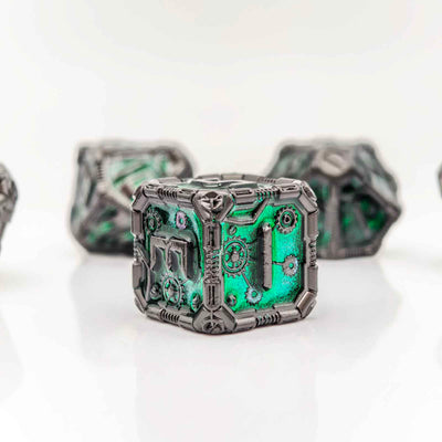 Clockwork Gear Core Metal Dnd D&d Dice Set - Pearl Gunmetal Green