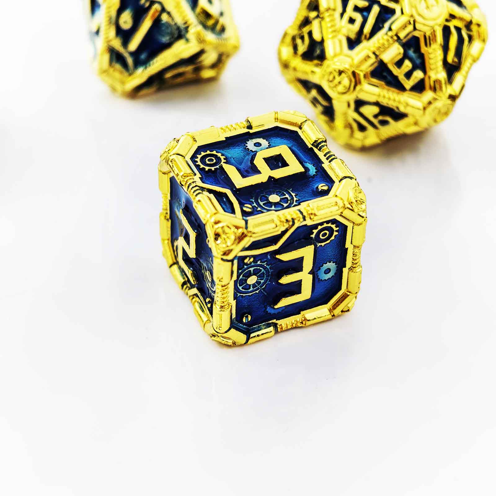 Clockwork Gear Core Metal Dnd D&d Dice Set - Gold Blue