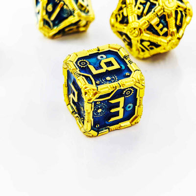 Clockwork Gear Core Metal Dnd D&d Dice Set - Gold Blue