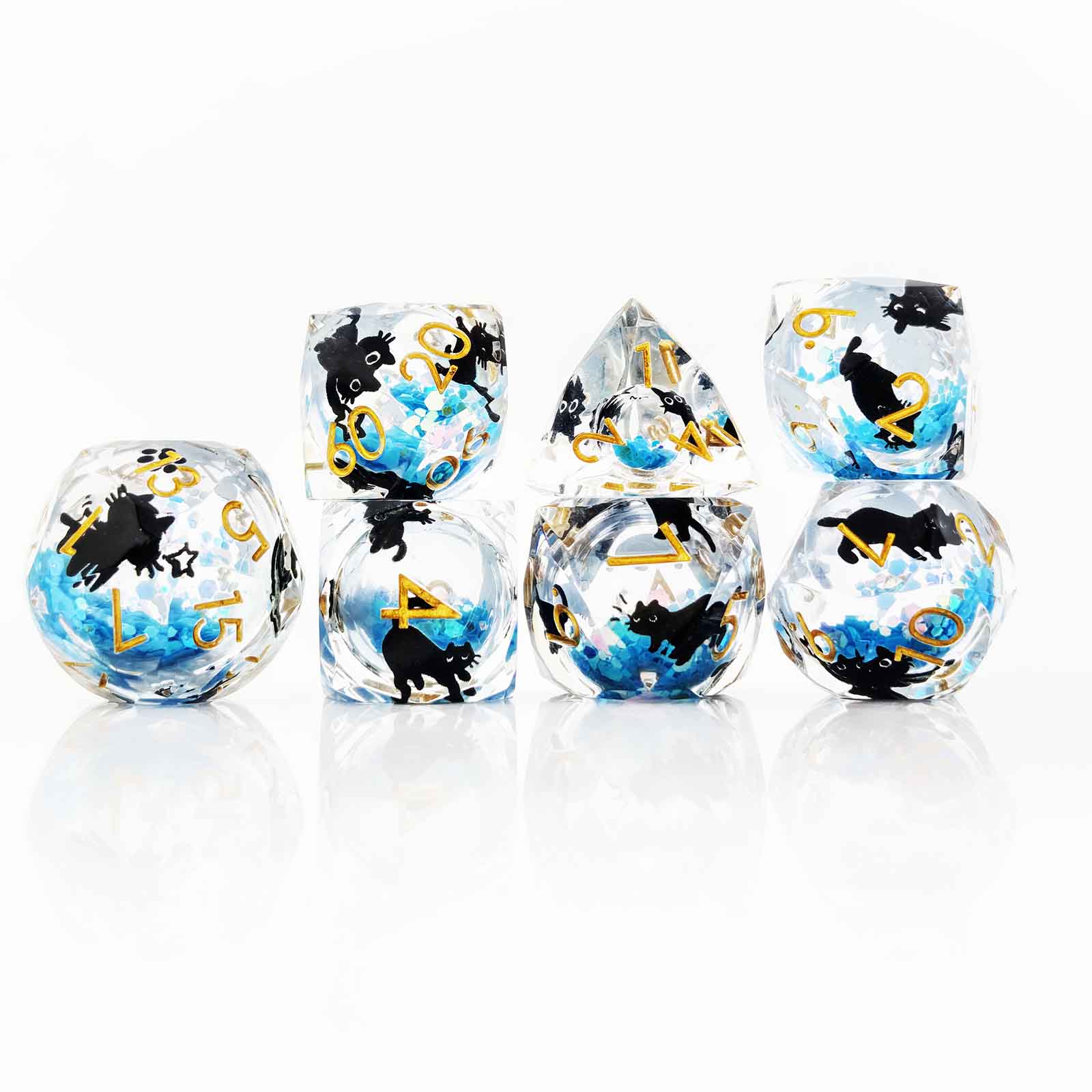 Glowpaw Prism Cat Liquid Core Resin Dnd D&D Dice Set - Aqua Glow Blue