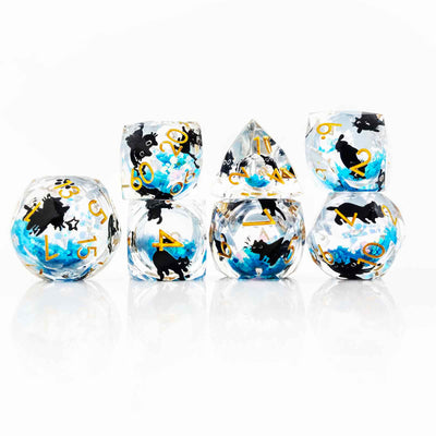 Glowpaw Prism Cat Liquid Core Resin Dnd D&D Dice Set - Aqua Glow Blue