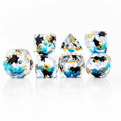 Glowpaw Prism Cat Liquid Core Resin Dnd D&D Dice Set - Aqua Glow Blue
