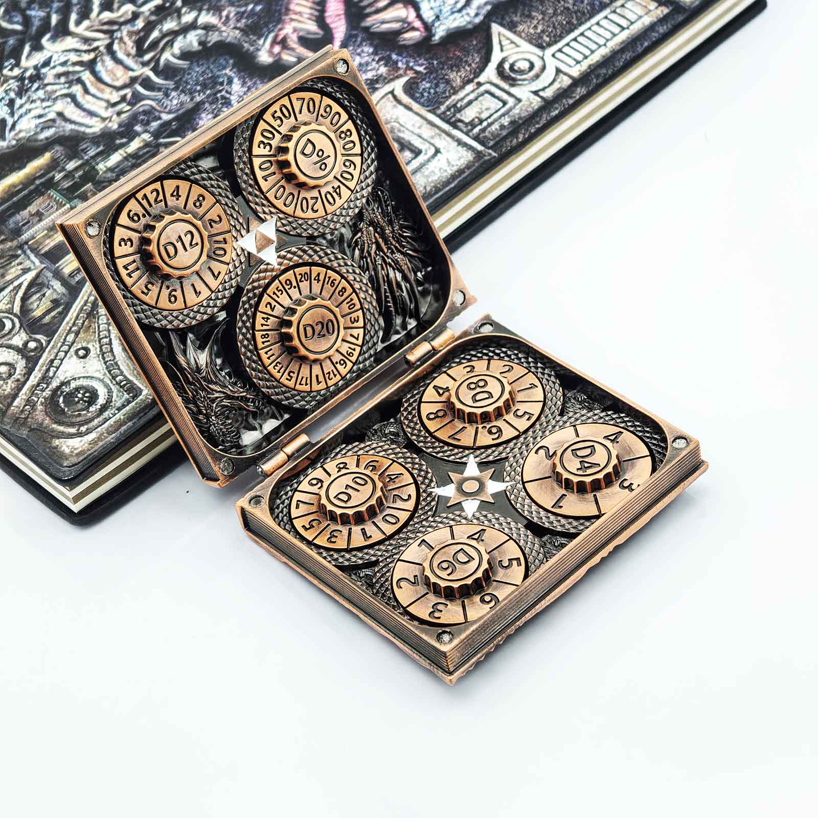 Masters Dice Codex #001 – Spellbook | 7-in-1 Pocket Spinner DND Dice Set